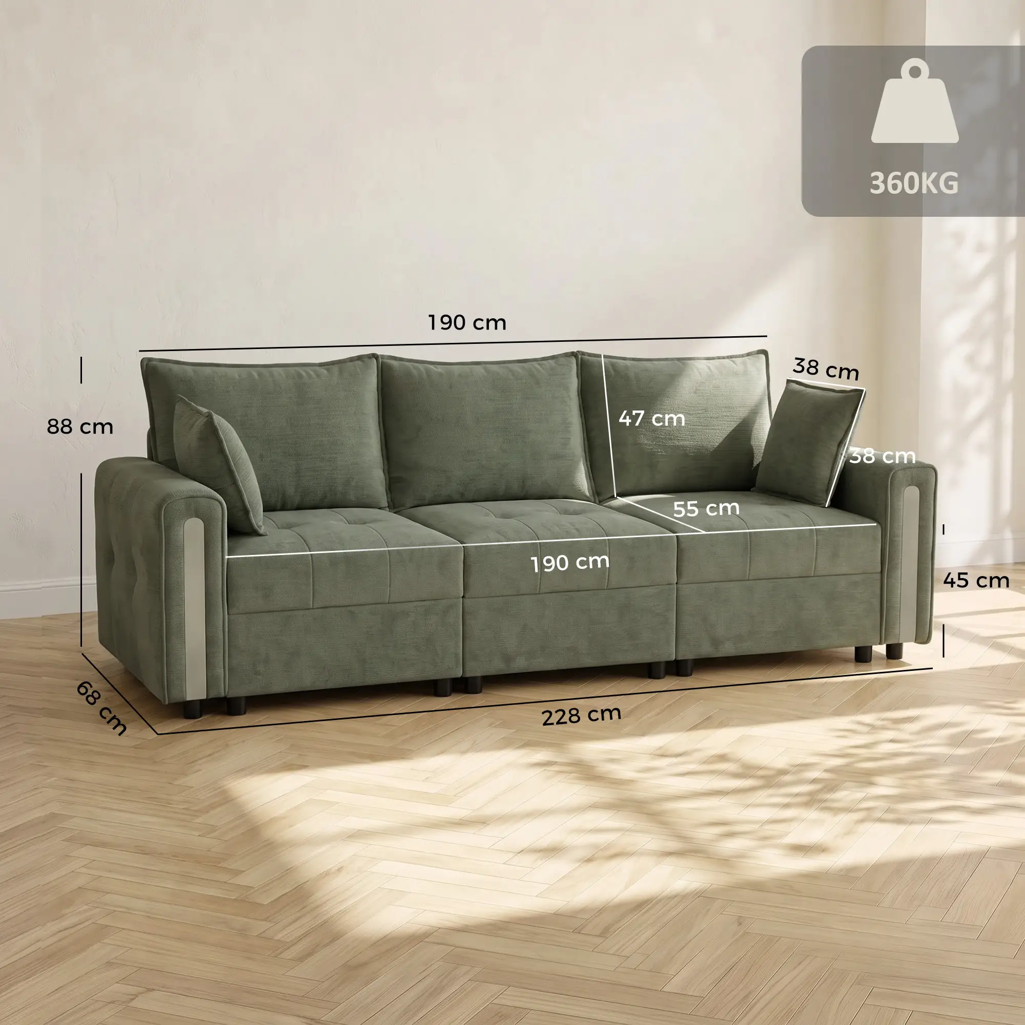 3 Seater Velvet Sofa 228 x 85 x 88cm - Dark Green, Black - 3