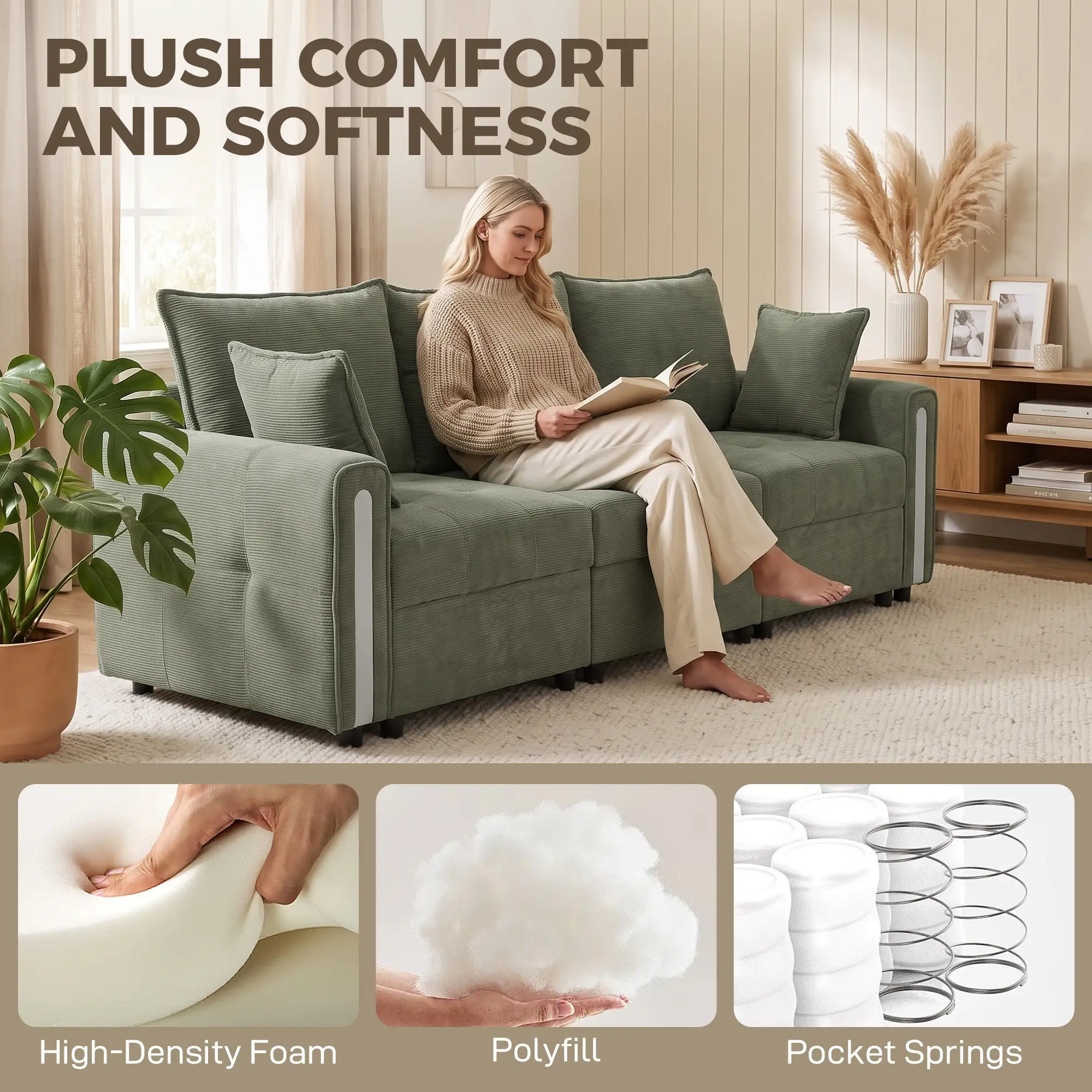 3 Seater Velvet Sofa 228 x 85 x 88cm - Dark Green, Black - 4