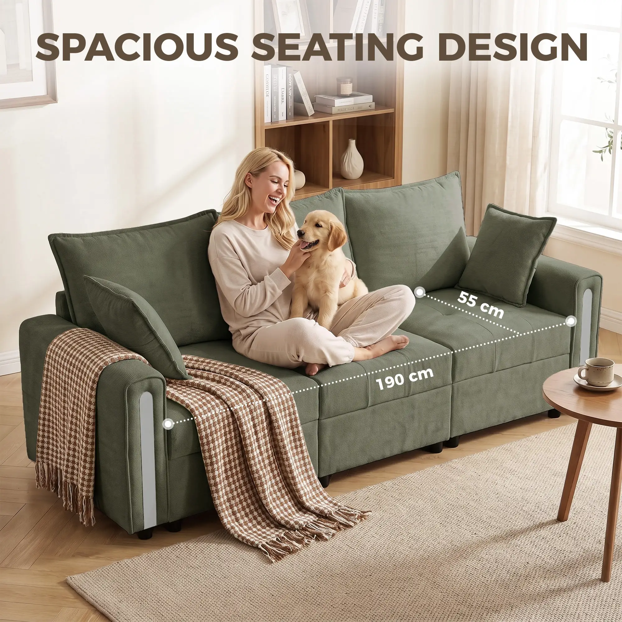 3 Seater Velvet Sofa 228 x 85 x 88cm - Dark Green, Black - 6