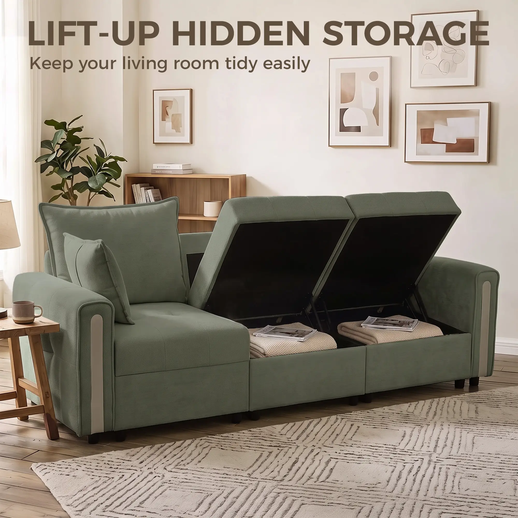 3 Seater Velvet Sofa 228 x 85 x 88cm - Dark Green, Black - 7