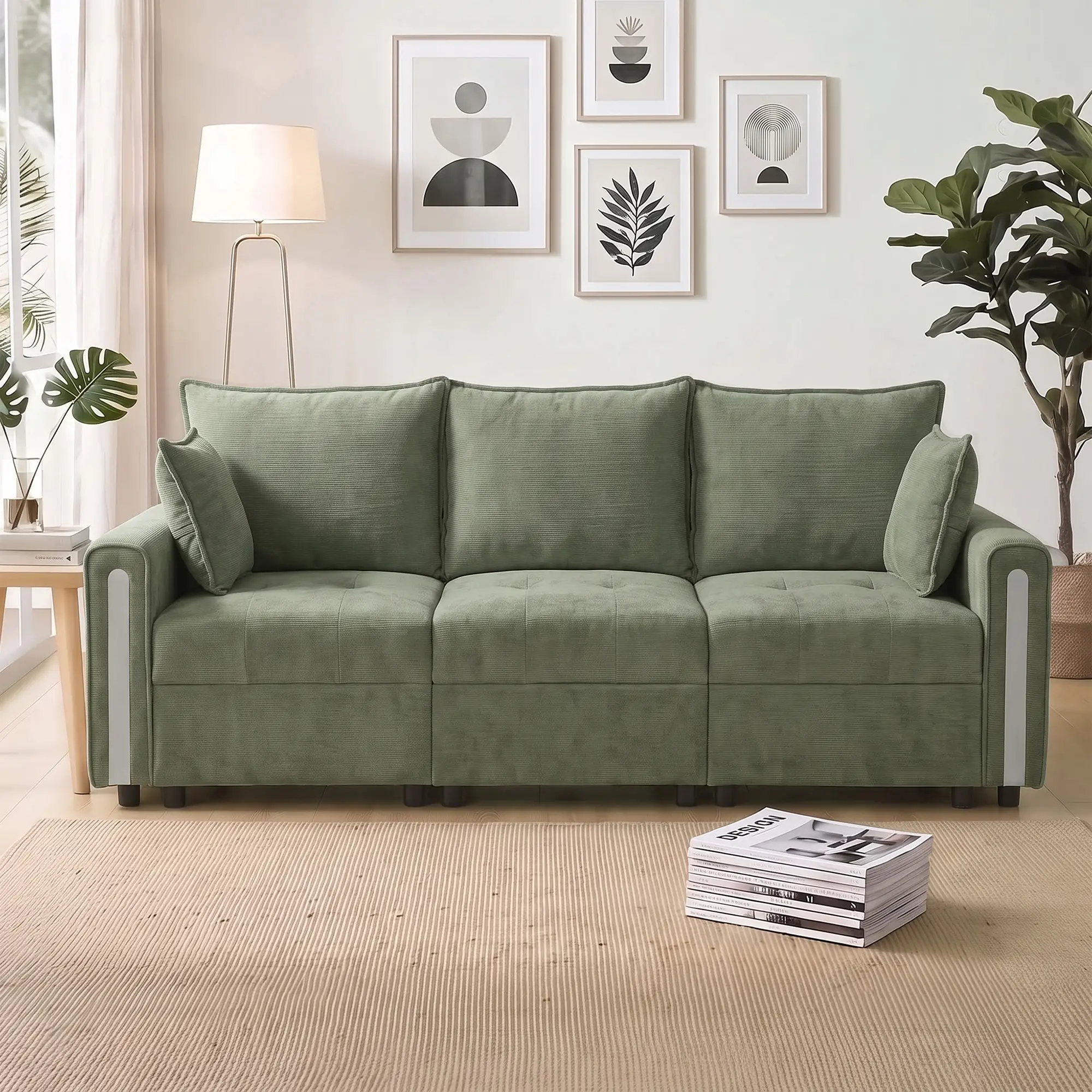 3 Seater Velvet Sofa 228 x 85 x 88cm - Dark Green, Black - 14