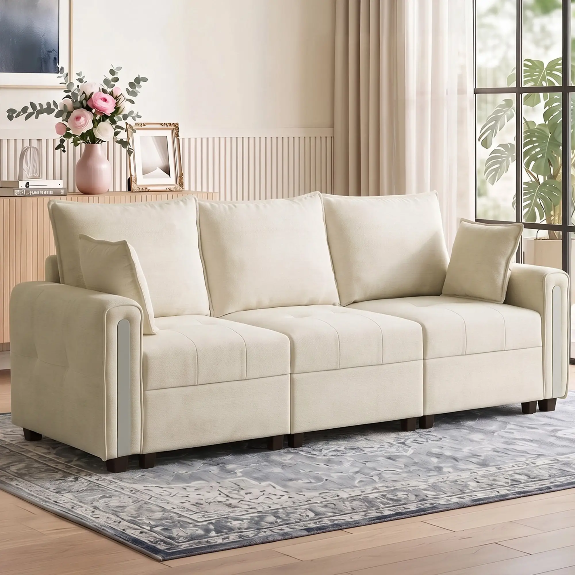 3 Seater Velvet Sofa 228 x 85 x 88cm - Beige, Black - 2
