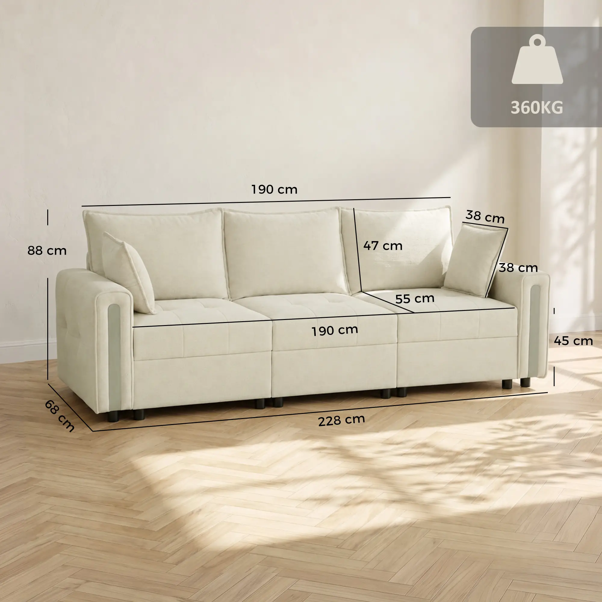 3 Seater Velvet Sofa 228 x 85 x 88cm - Beige, Black - 3