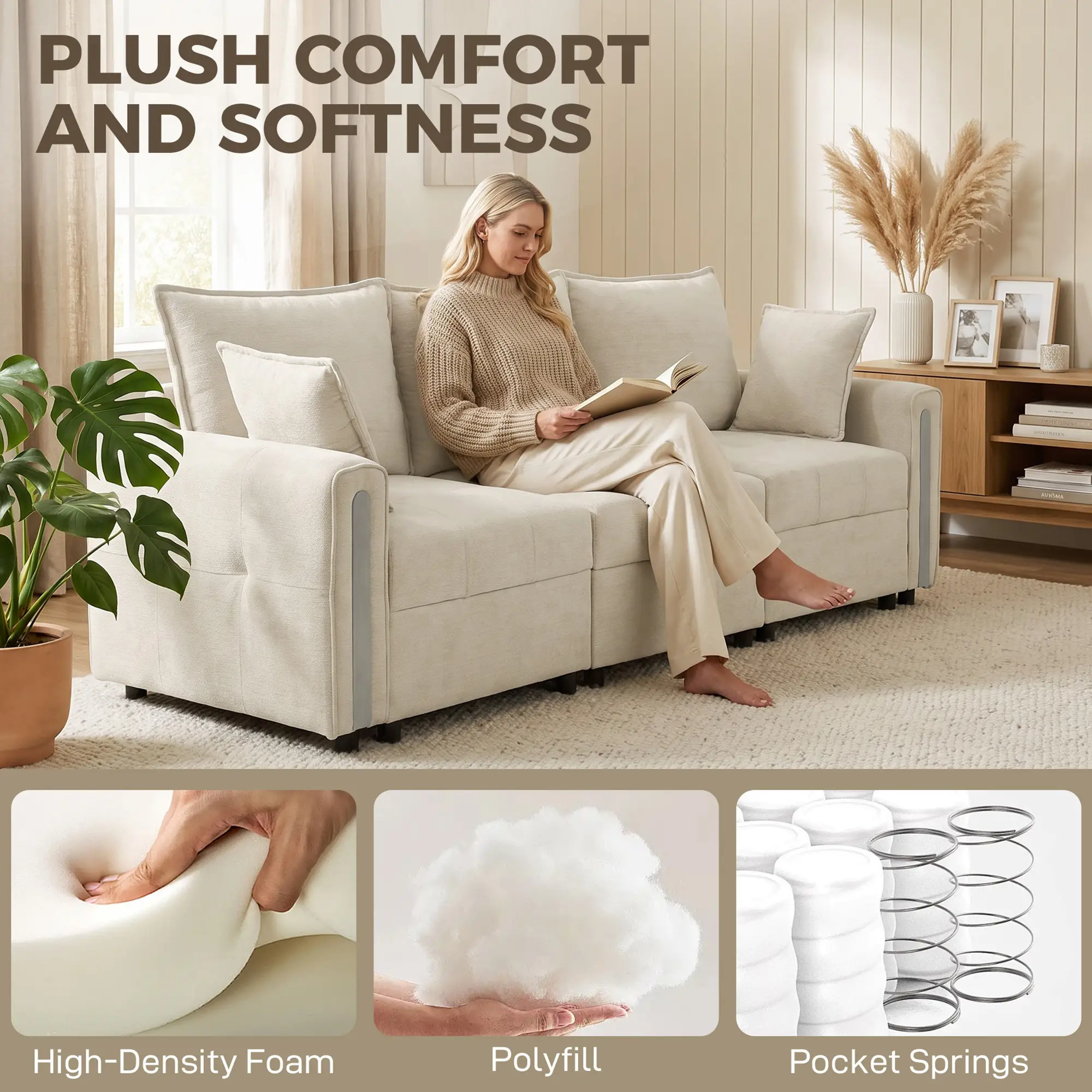 3 Seater Velvet Sofa 228 x 85 x 88cm - Beige, Black - 4