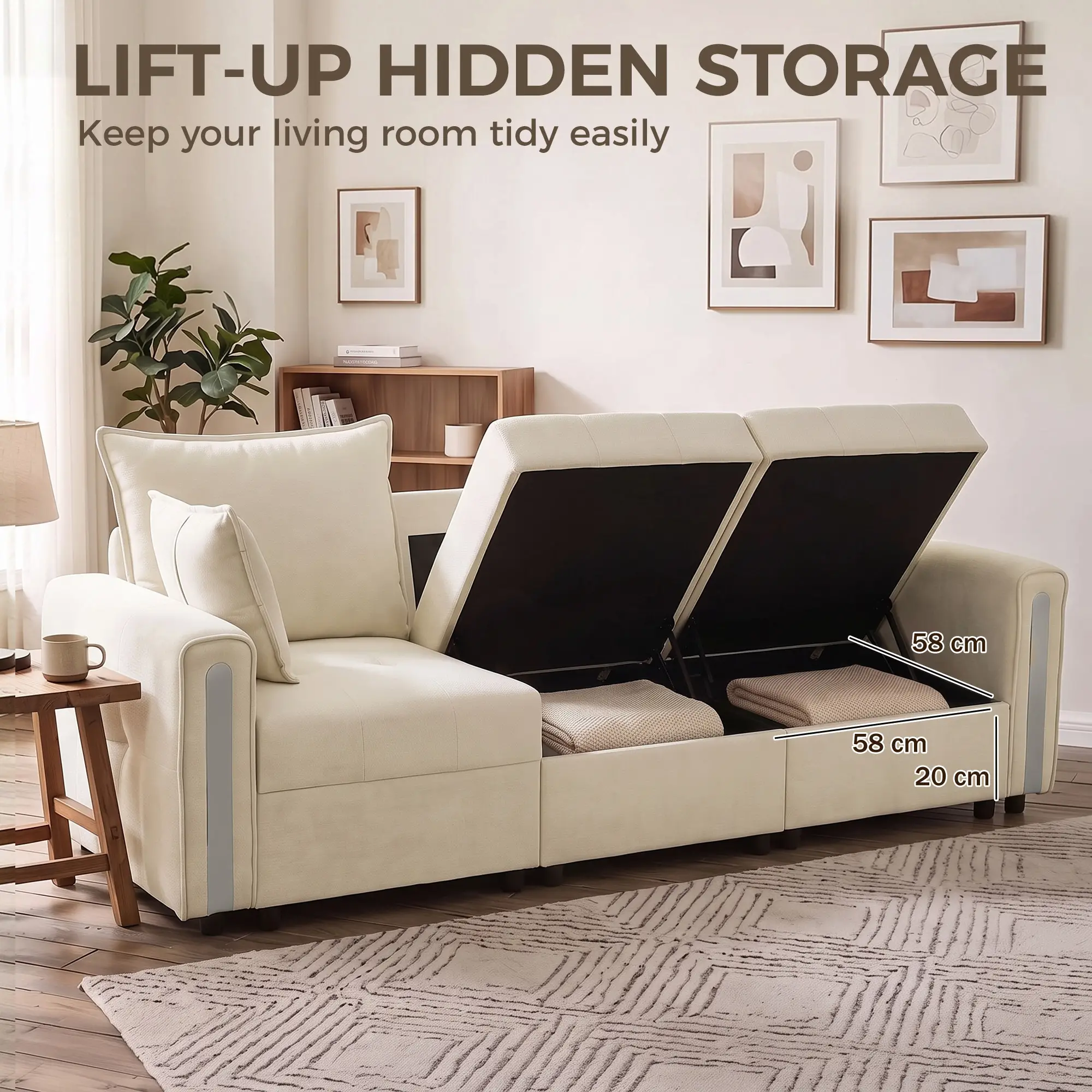 3 Seater Velvet Sofa 228 x 85 x 88cm - Beige, Black - 7