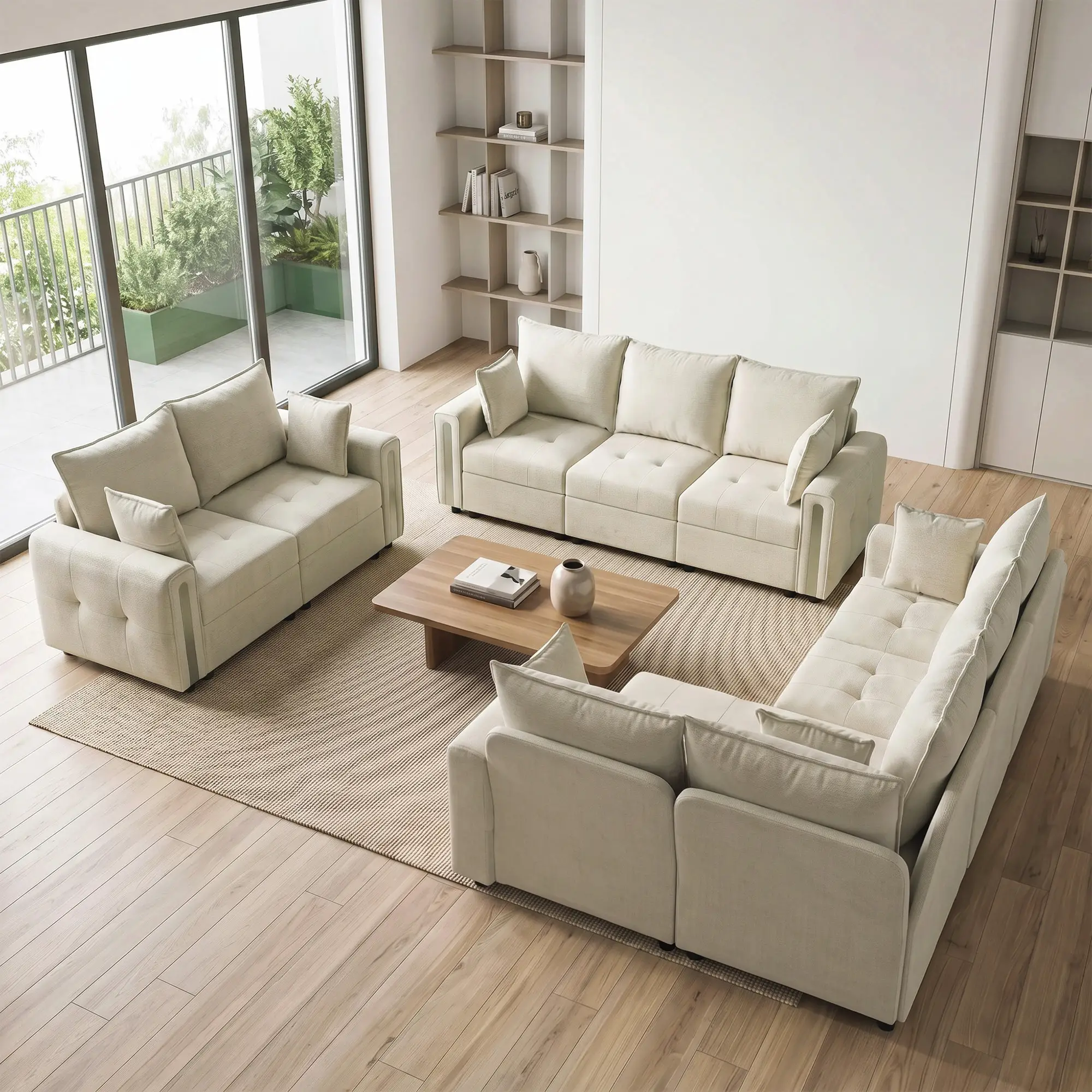 3 Seater Velvet Sofa 228 x 85 x 88cm - Beige, Black - 8