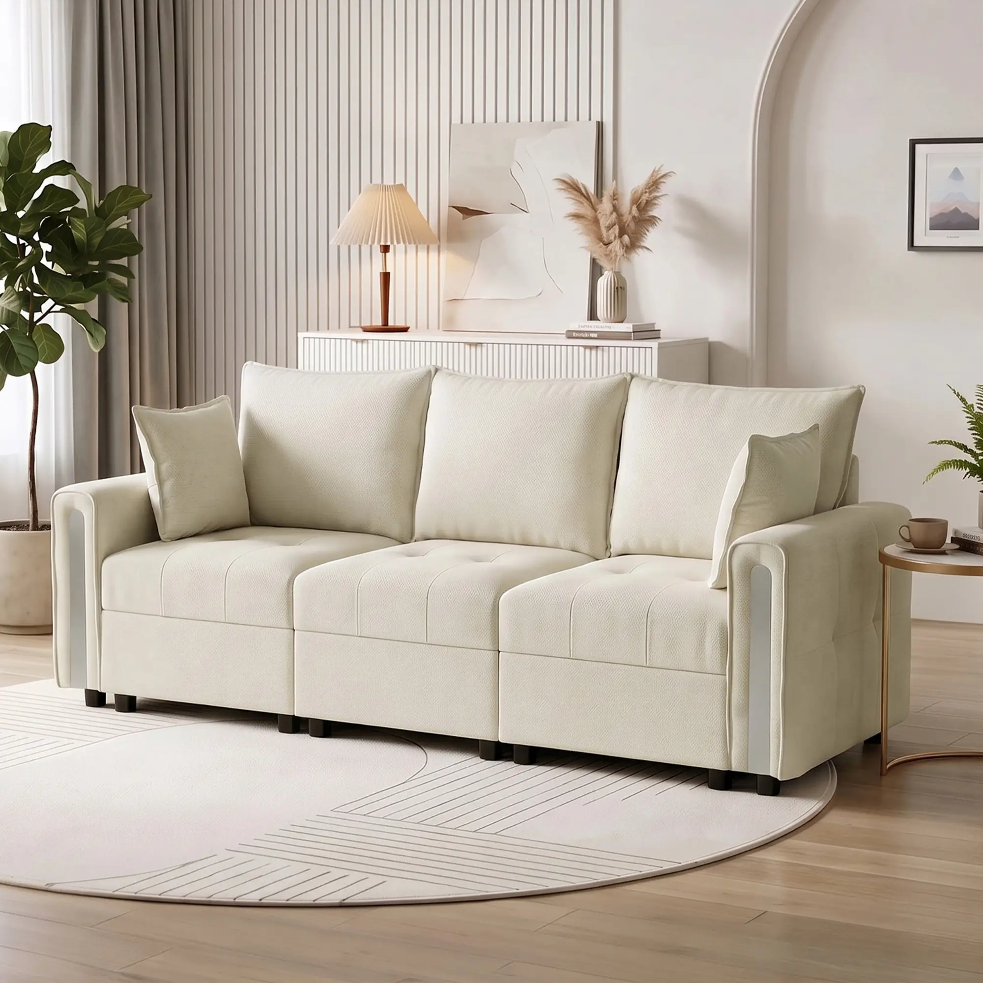 3 Seater Velvet Sofa 228 x 85 x 88cm - Beige, Black - 9
