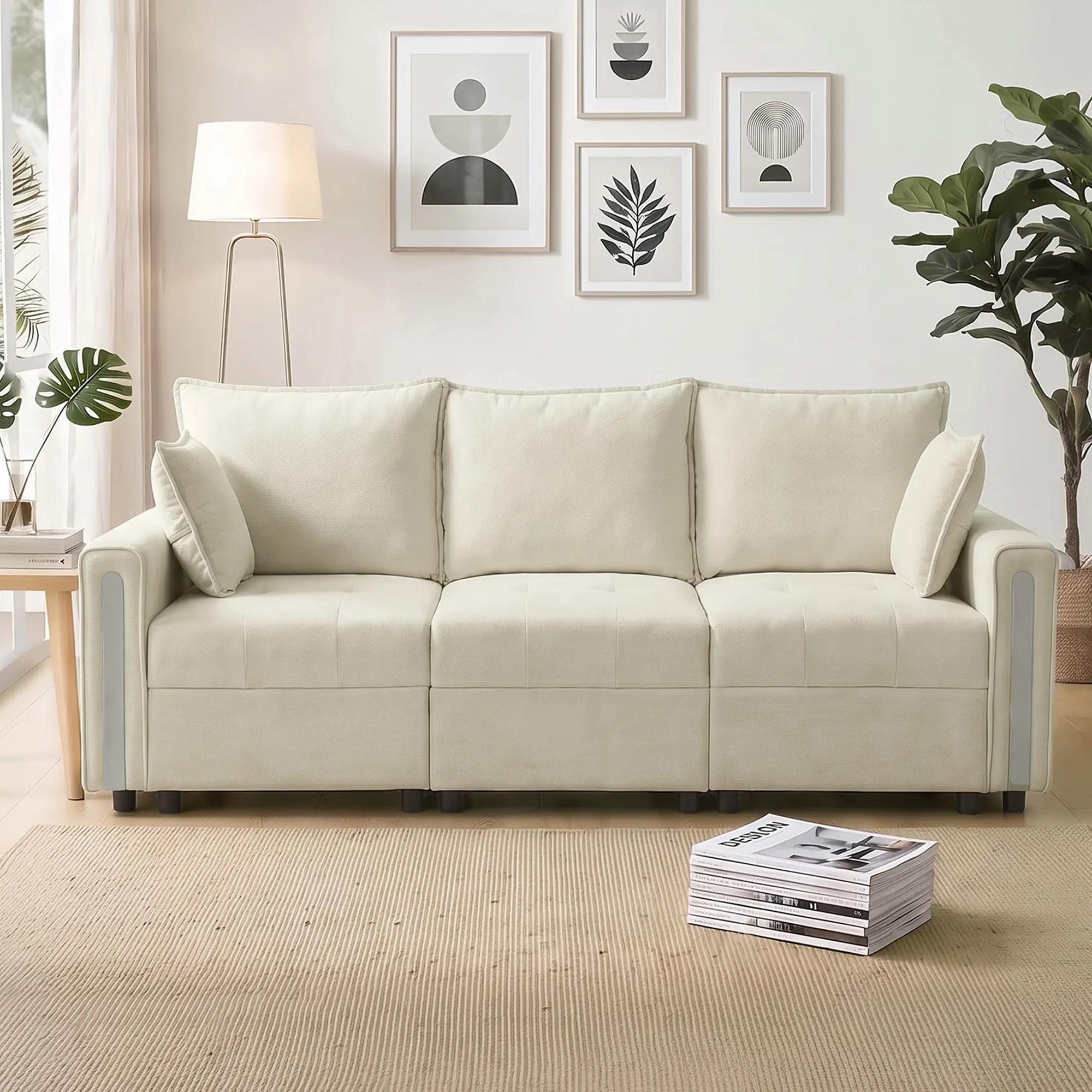 3 Seater Velvet Sofa 228 x 85 x 88cm - Beige, Black - 14