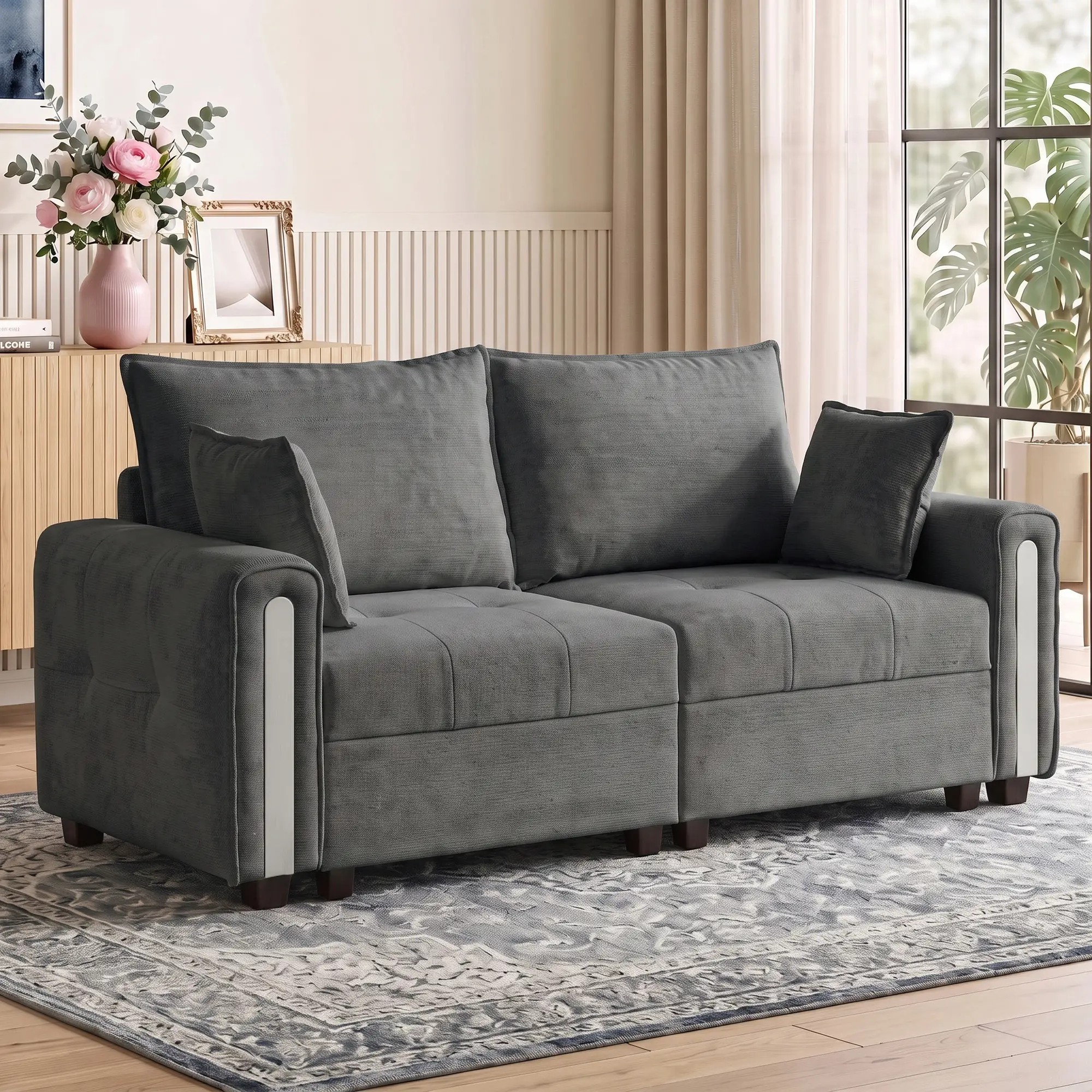 2 Seater Velvet Sofa 168 x 85 x 88cm - Dark Grey, Black - 2