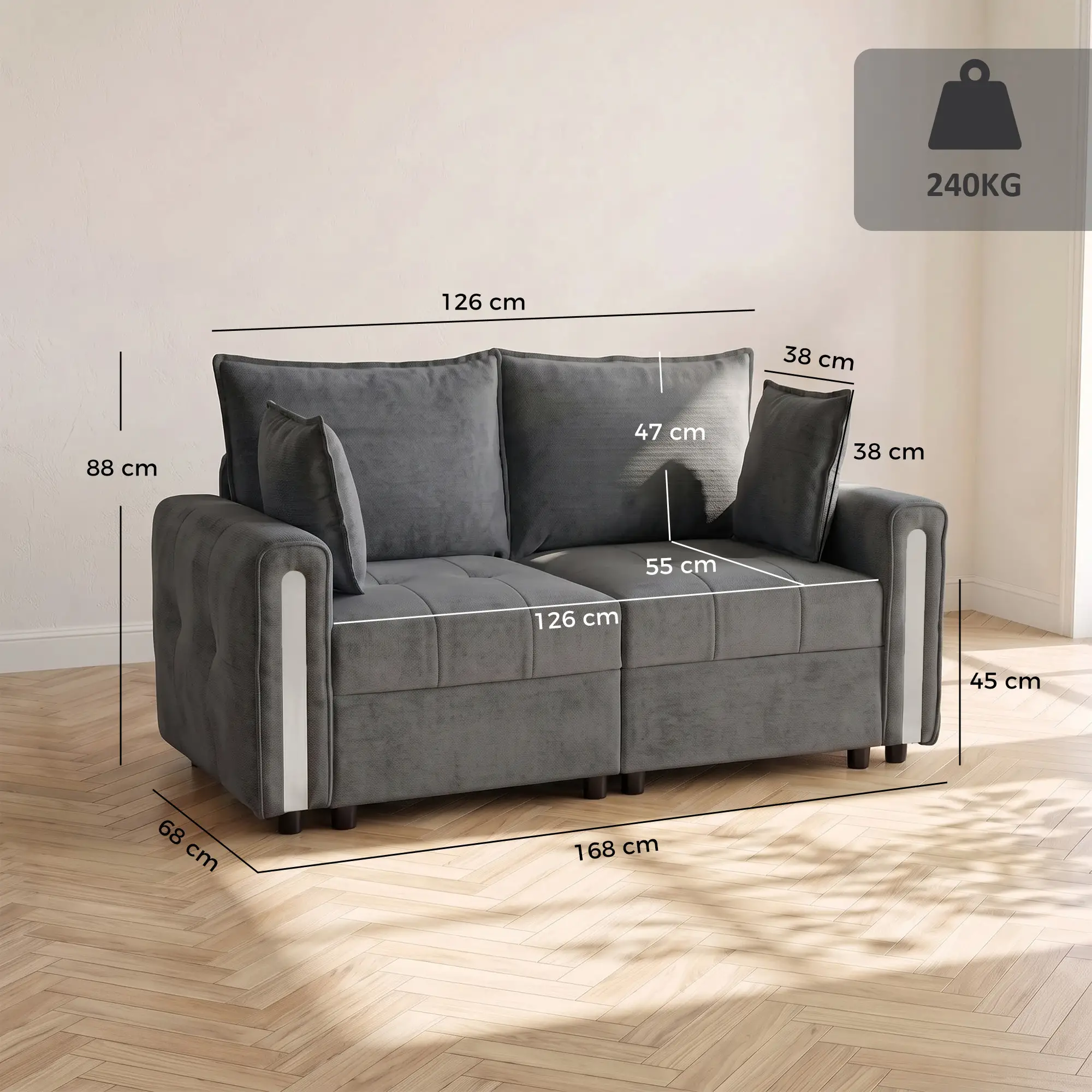 2 Seater Velvet Sofa 168 x 85 x 88cm - Dark Grey, Black - 3