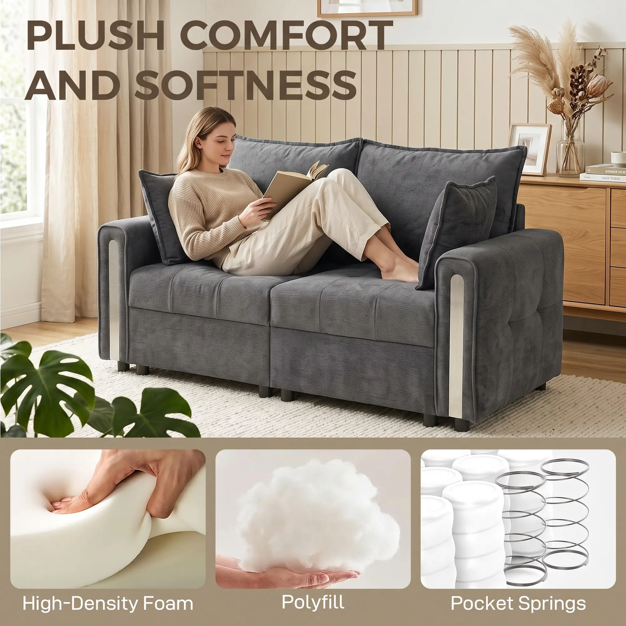 2 Seater Velvet Sofa 168 x 85 x 88cm - Dark Grey, Black - 4