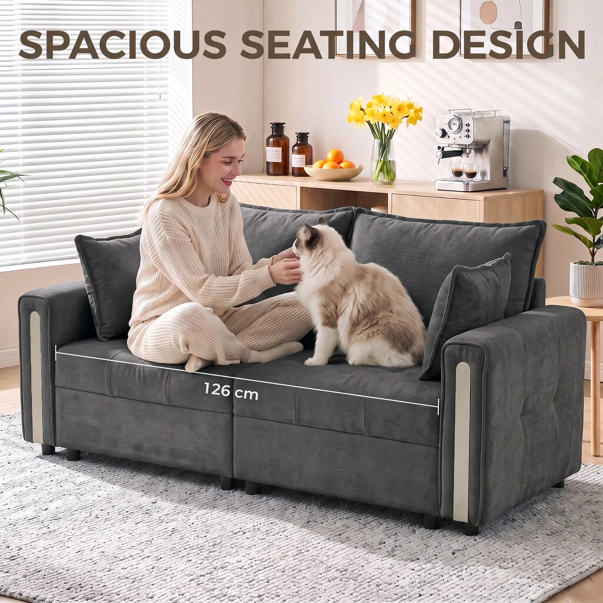 2 Seater Velvet Sofa 168 x 85 x 88cm - Dark Grey, Black - 6