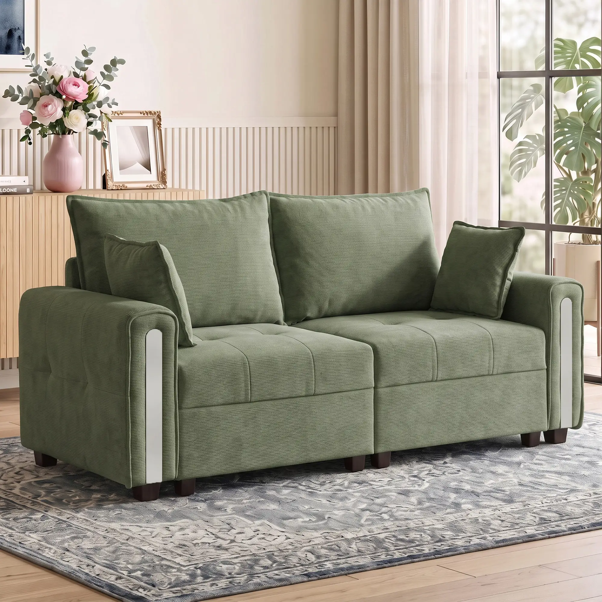 2 Seater Velvet Sofa 168 x 85 x 88cm - Dark Green, Black - 2