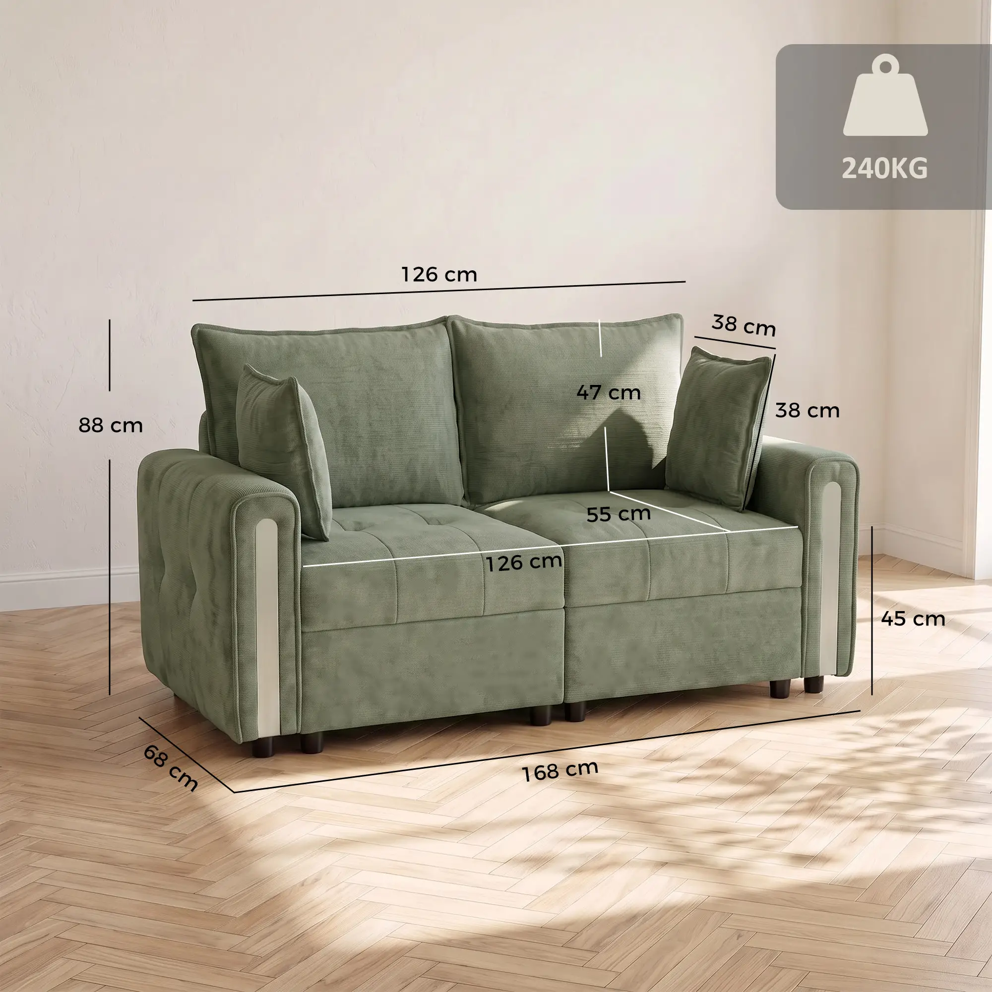 2 Seater Velvet Sofa 168 x 85 x 88cm - Dark Green, Black - 3