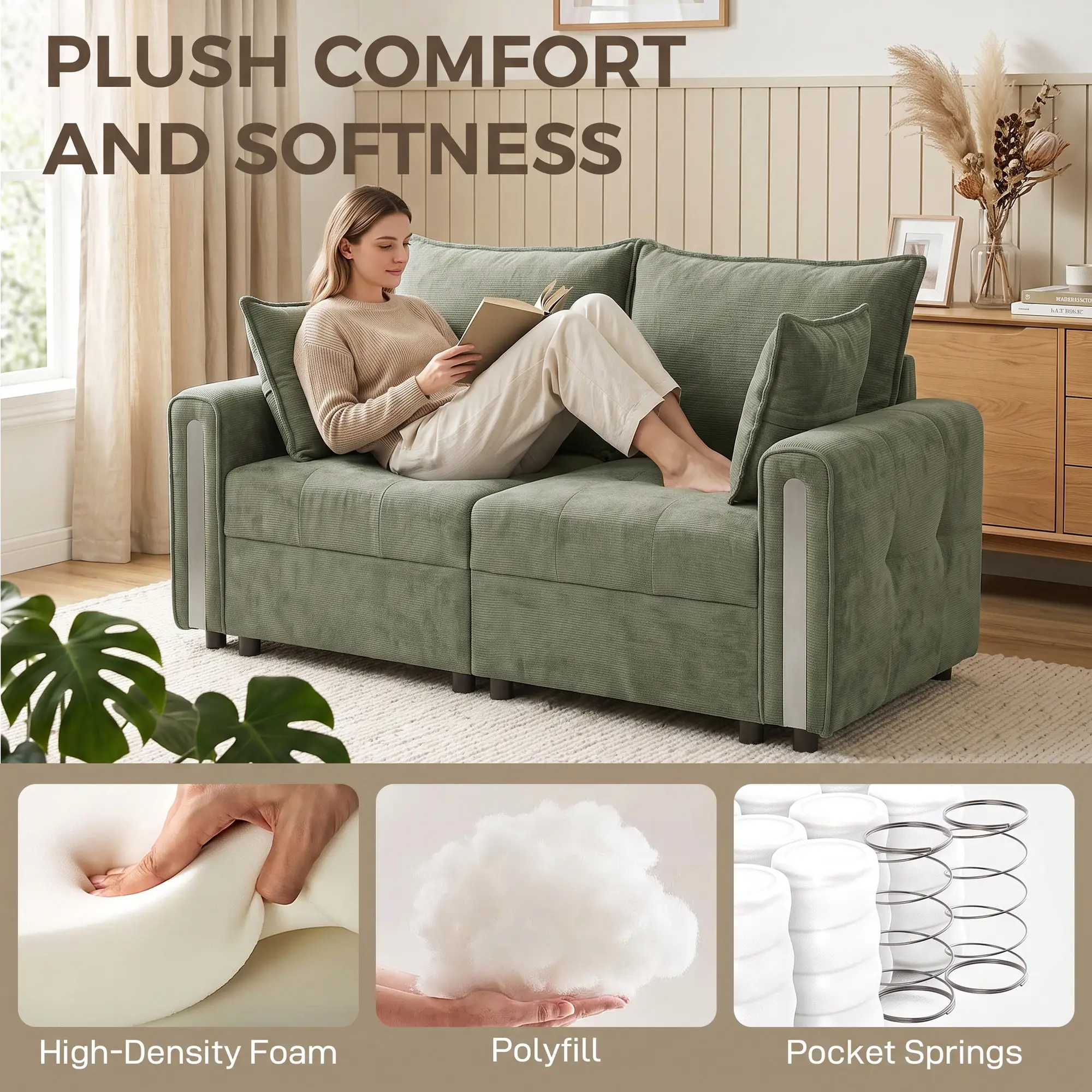 2 Seater Velvet Sofa 168 x 85 x 88cm - Dark Green, Black - 4