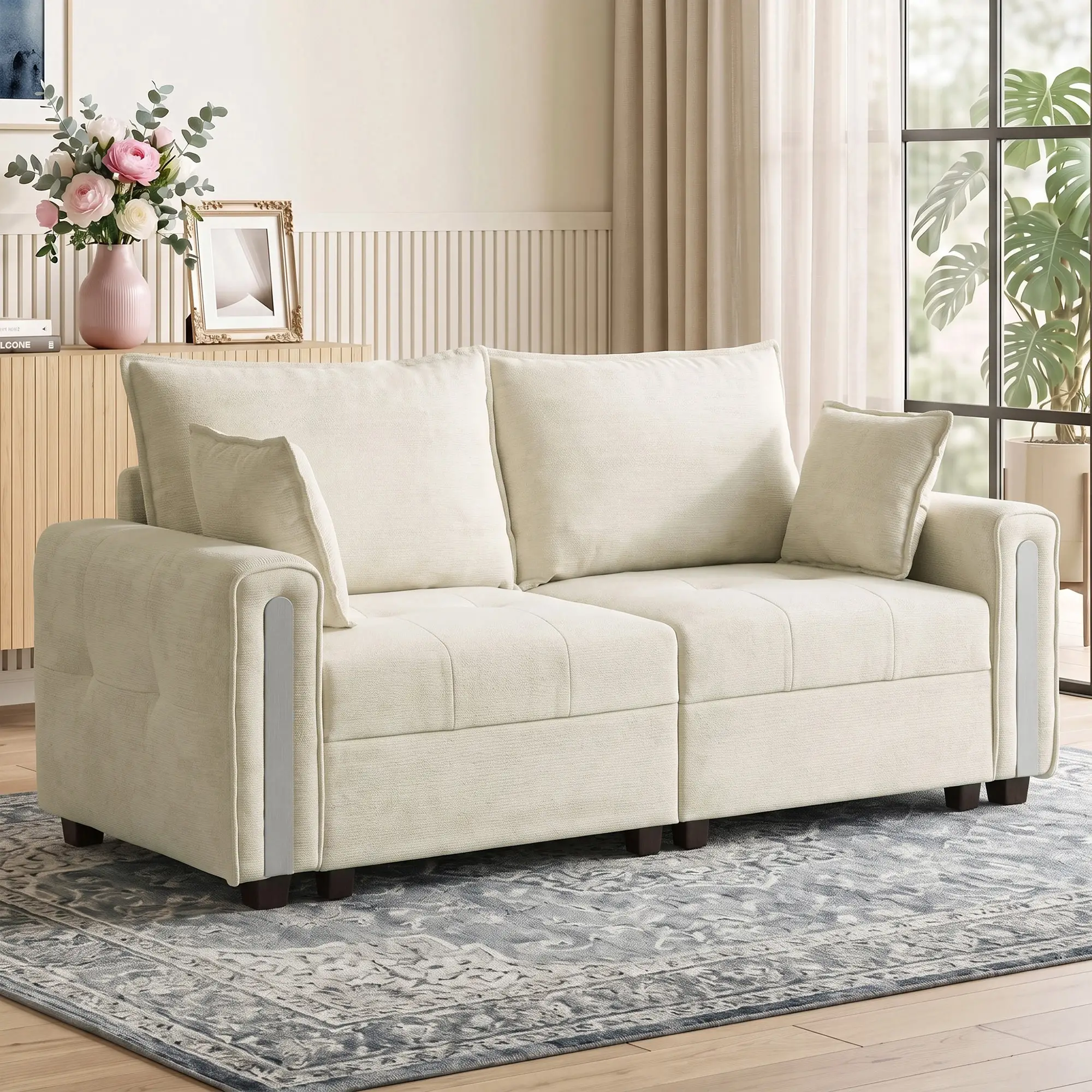 2 Seater Velvet Sofa 168 x 85 x 88cm - Beige, Black - 2
