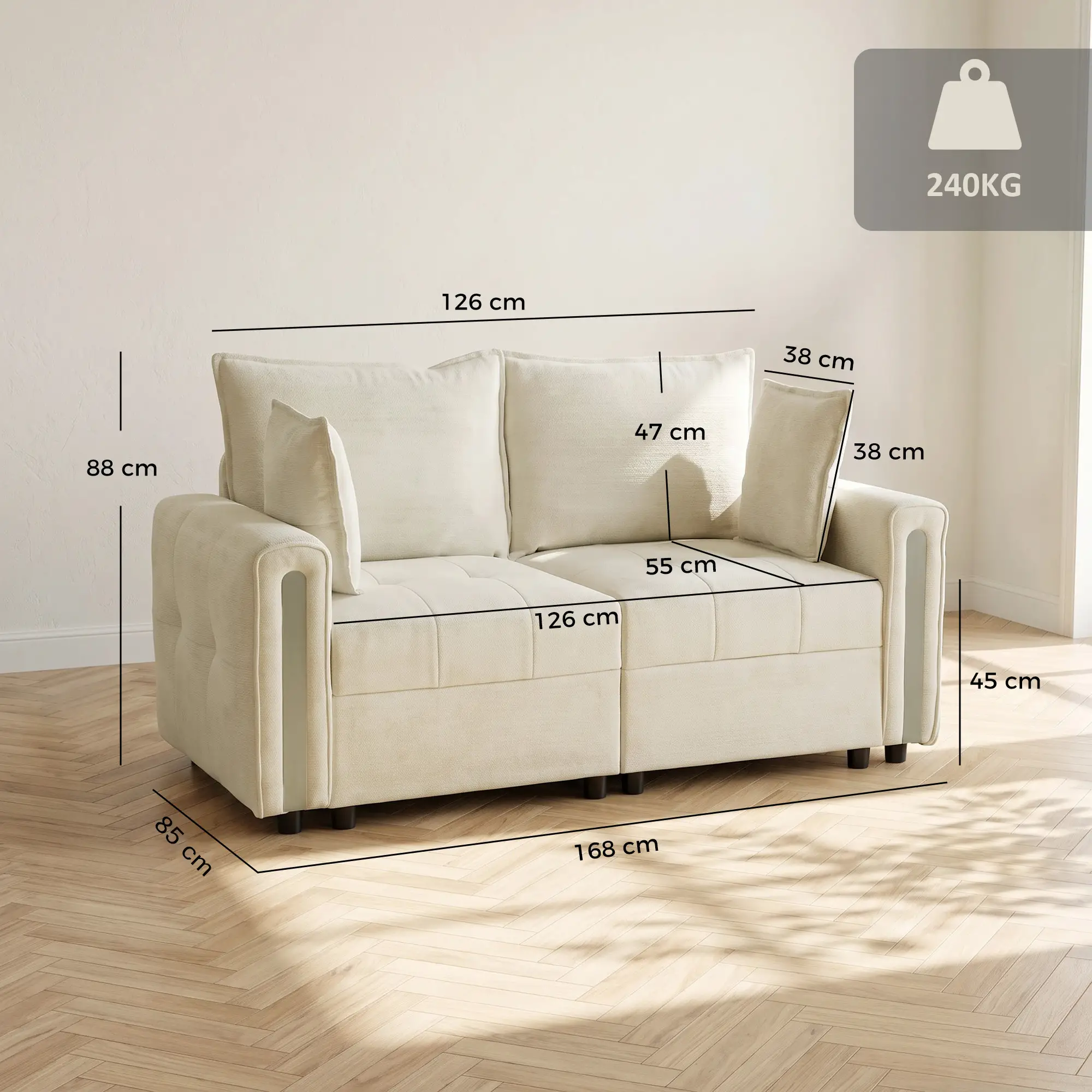 2 Seater Velvet Sofa 168 x 85 x 88cm - Beige, Black - 3