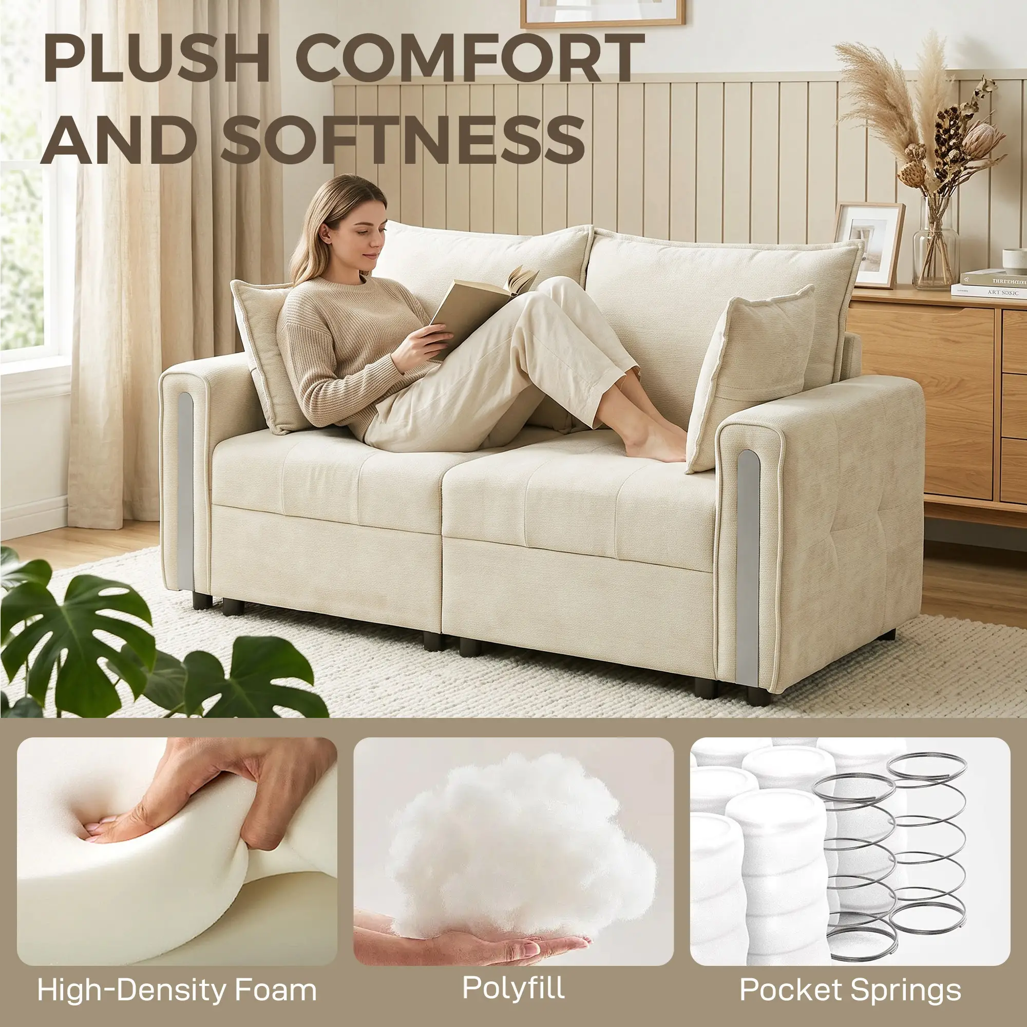 2 Seater Velvet Sofa 168 x 85 x 88cm - Beige, Black - 4
