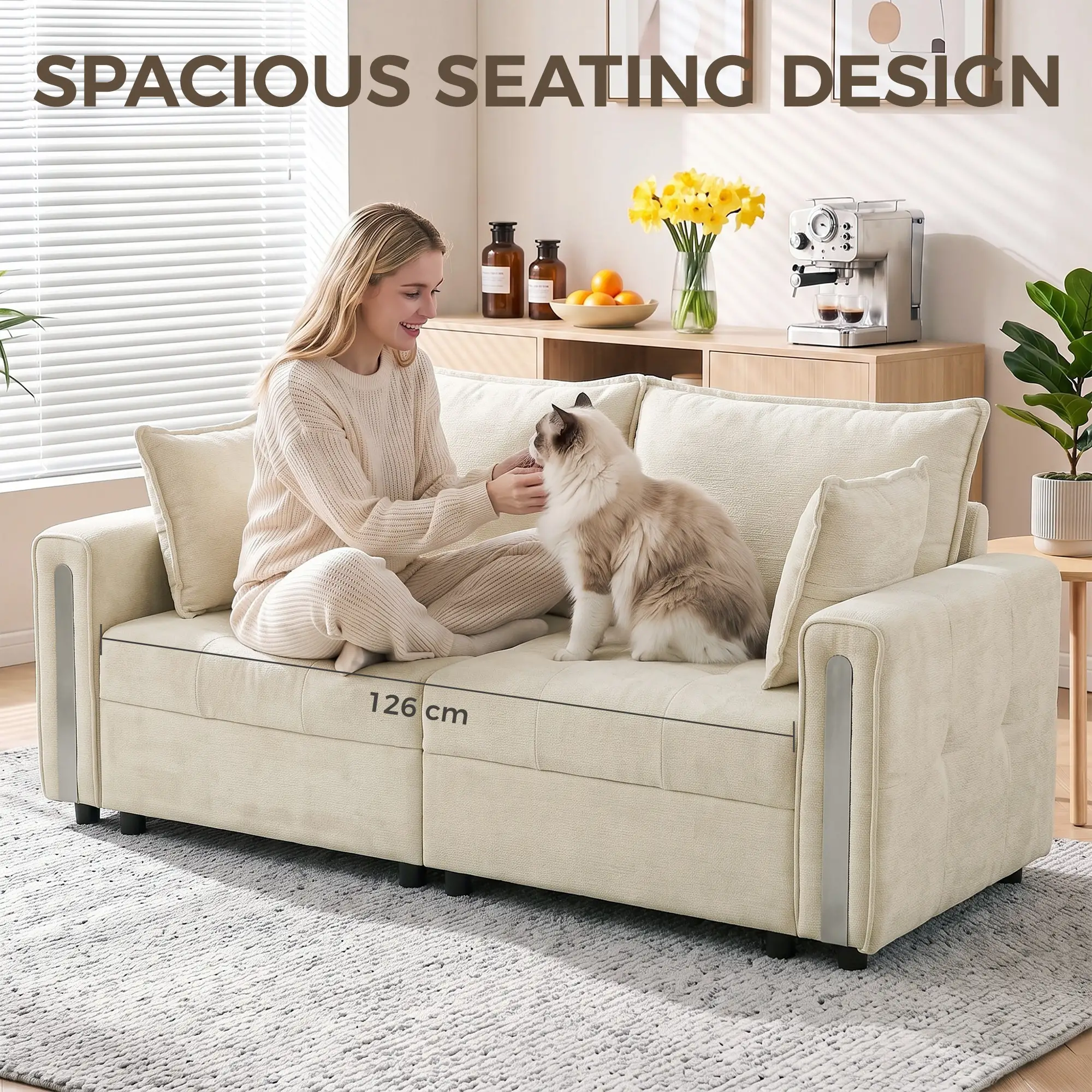 2 Seater Velvet Sofa 168 x 85 x 88cm - Beige, Black - 6
