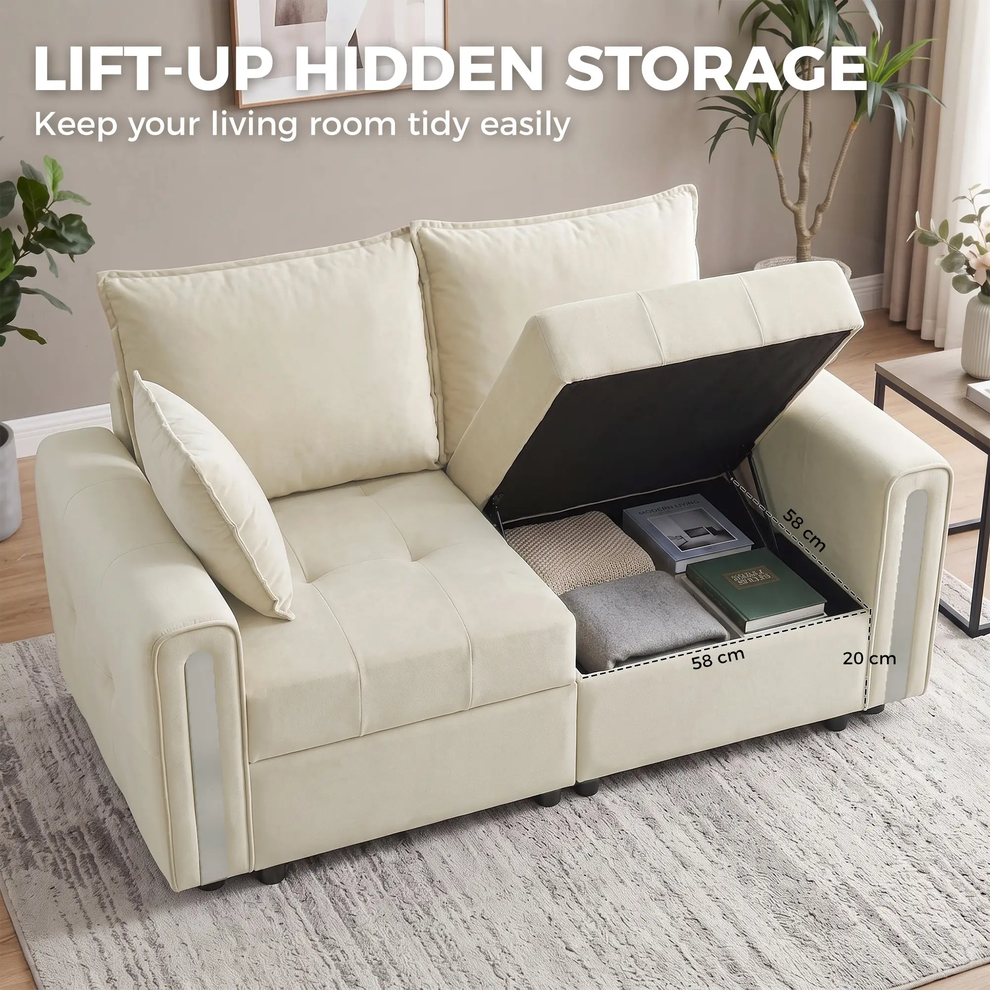 2 Seater Velvet Sofa 168 x 85 x 88cm - Beige, Black - 7