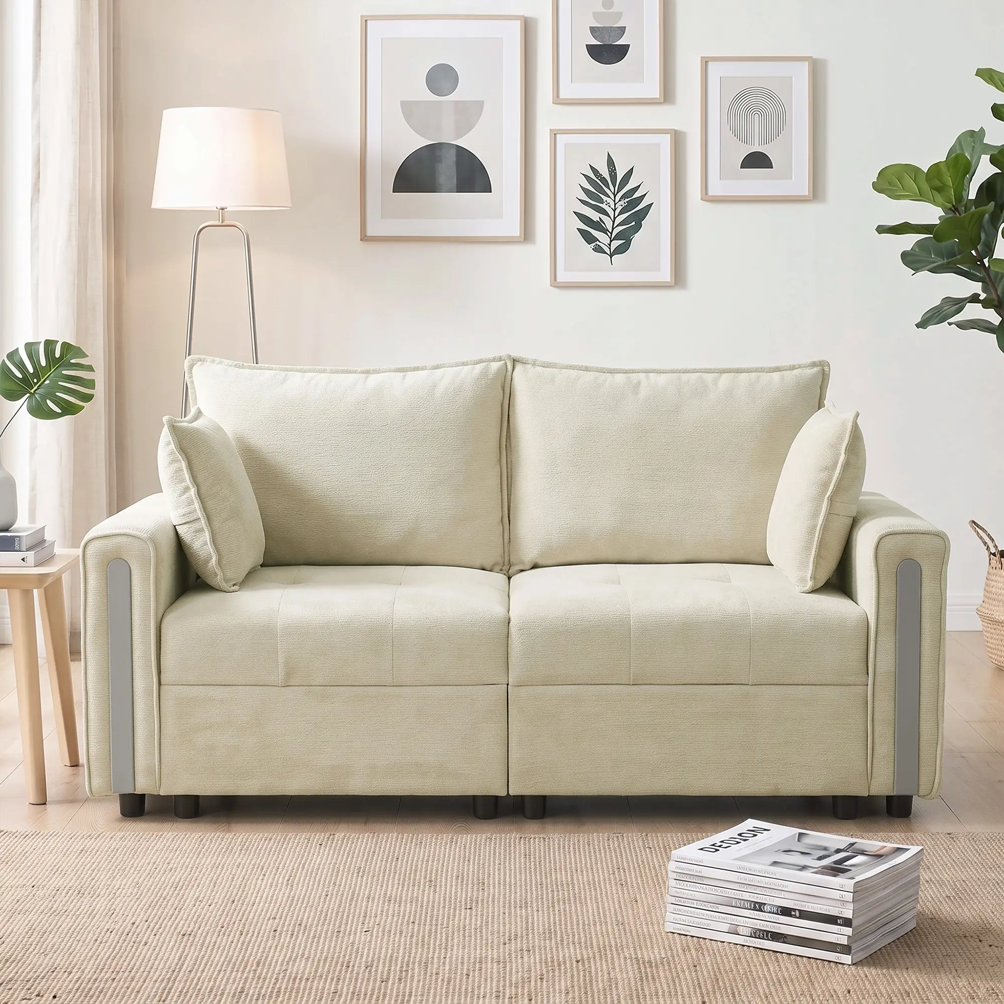 2 Seater Velvet Sofa 168 x 85 x 88cm - Beige, Black - 14