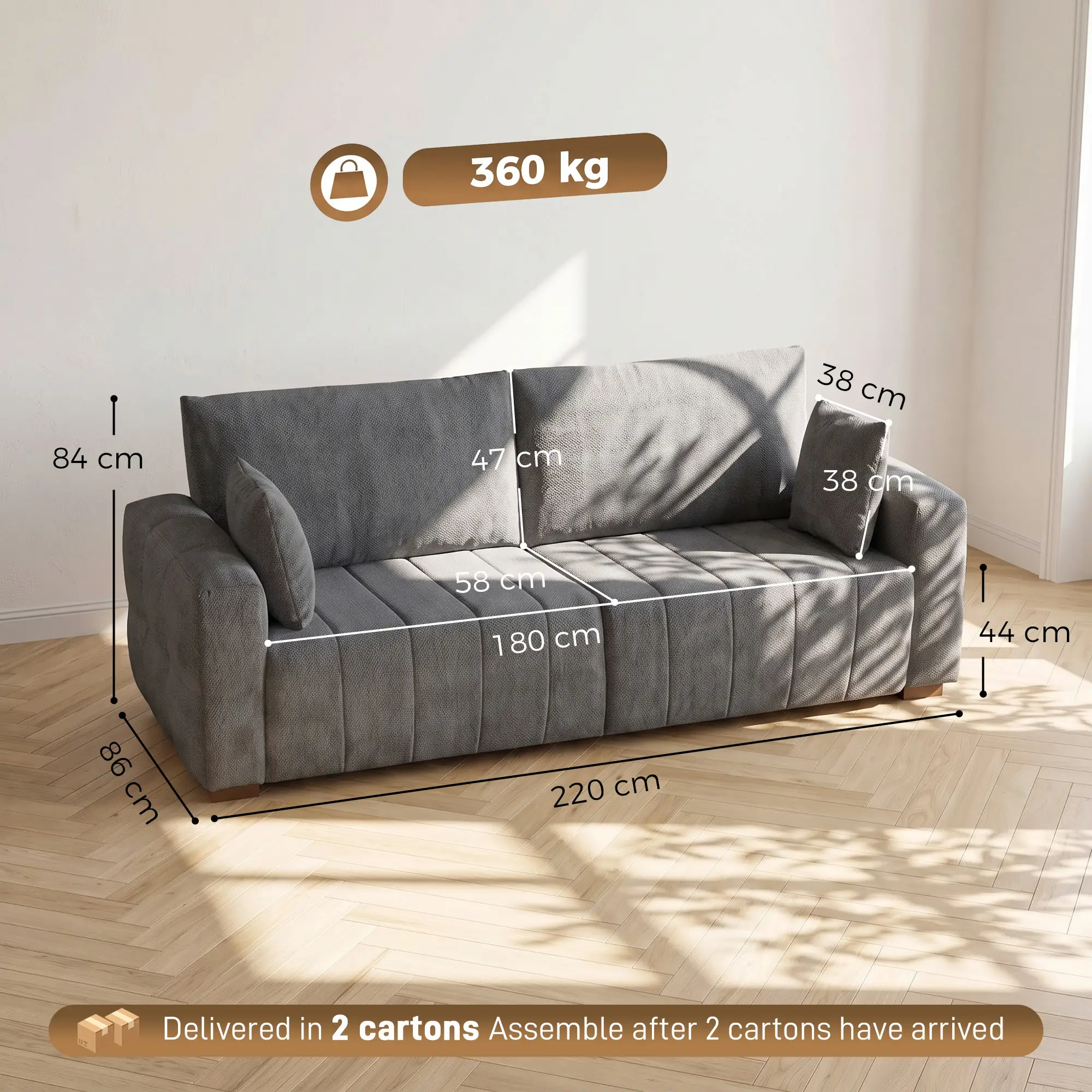 3 Seater Velvet Sofa 220 x 86 x 84cm - Grey - 3
