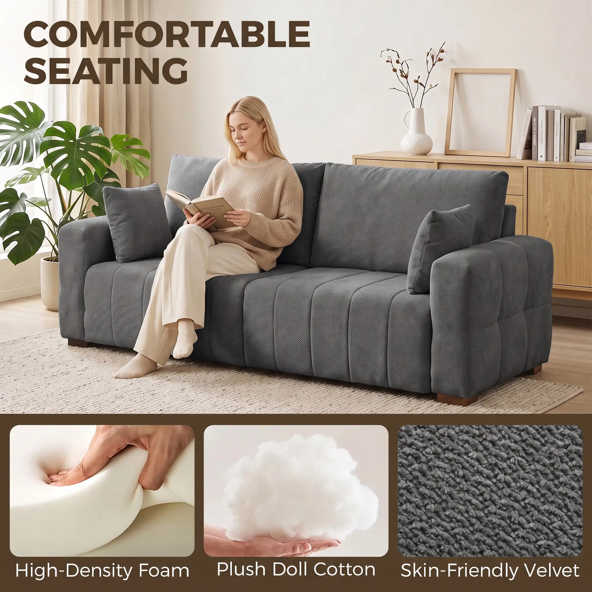 3 Seater Velvet Sofa 220 x 86 x 84cm - Grey - 5