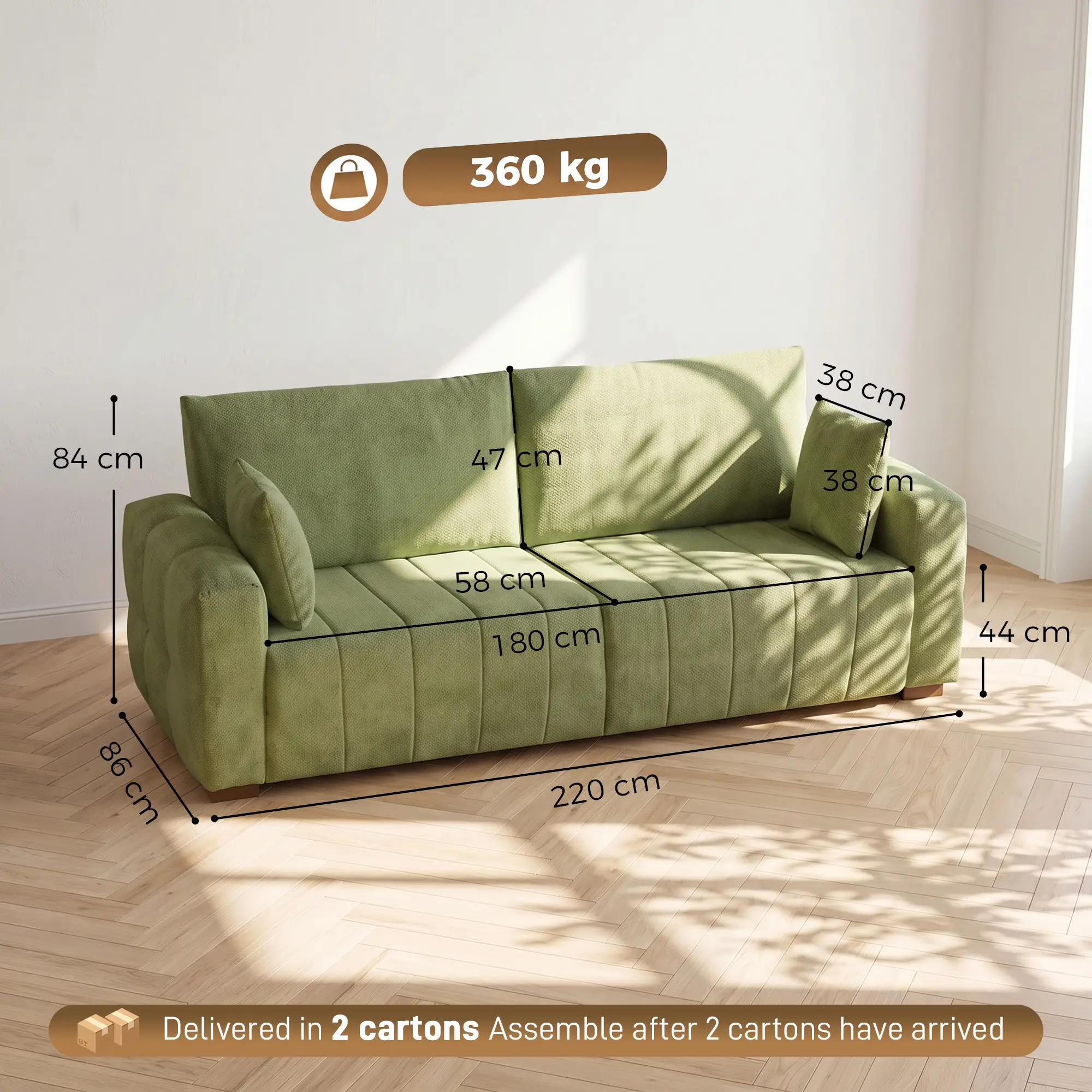 3 Seater Velvet Sofa 220 x 86 x 84cm - Green - 3