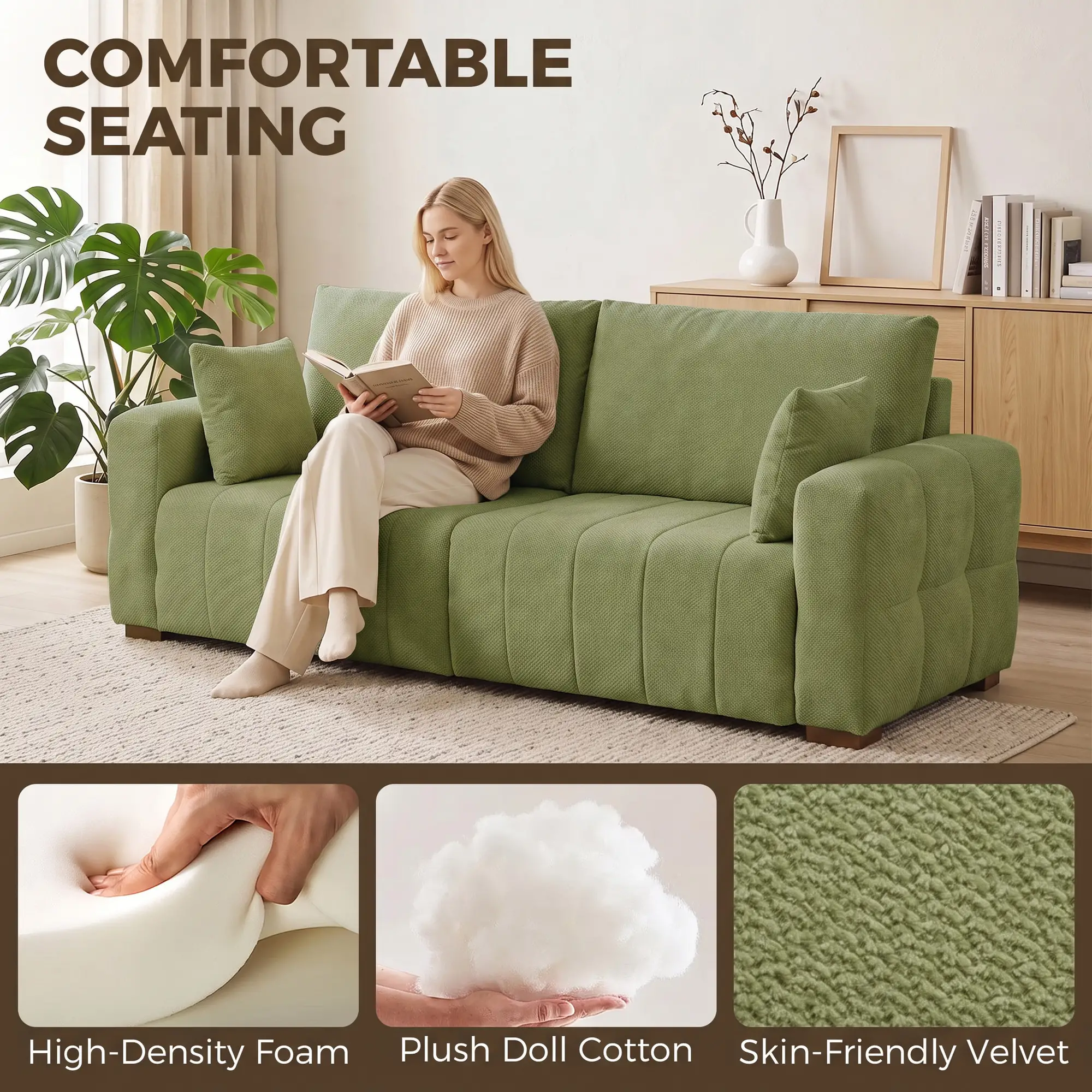 3 Seater Velvet Sofa 220 x 86 x 84cm - Green - 5