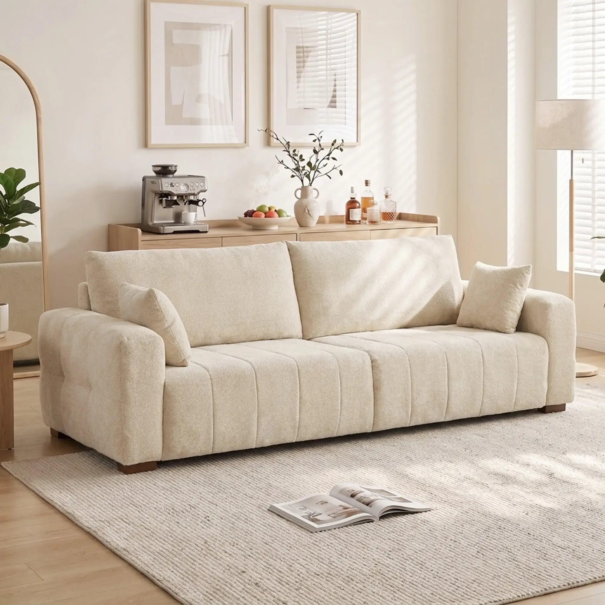 3 Seater Velvet Sofa 220 x 86 x 84cm - Cream White - 2