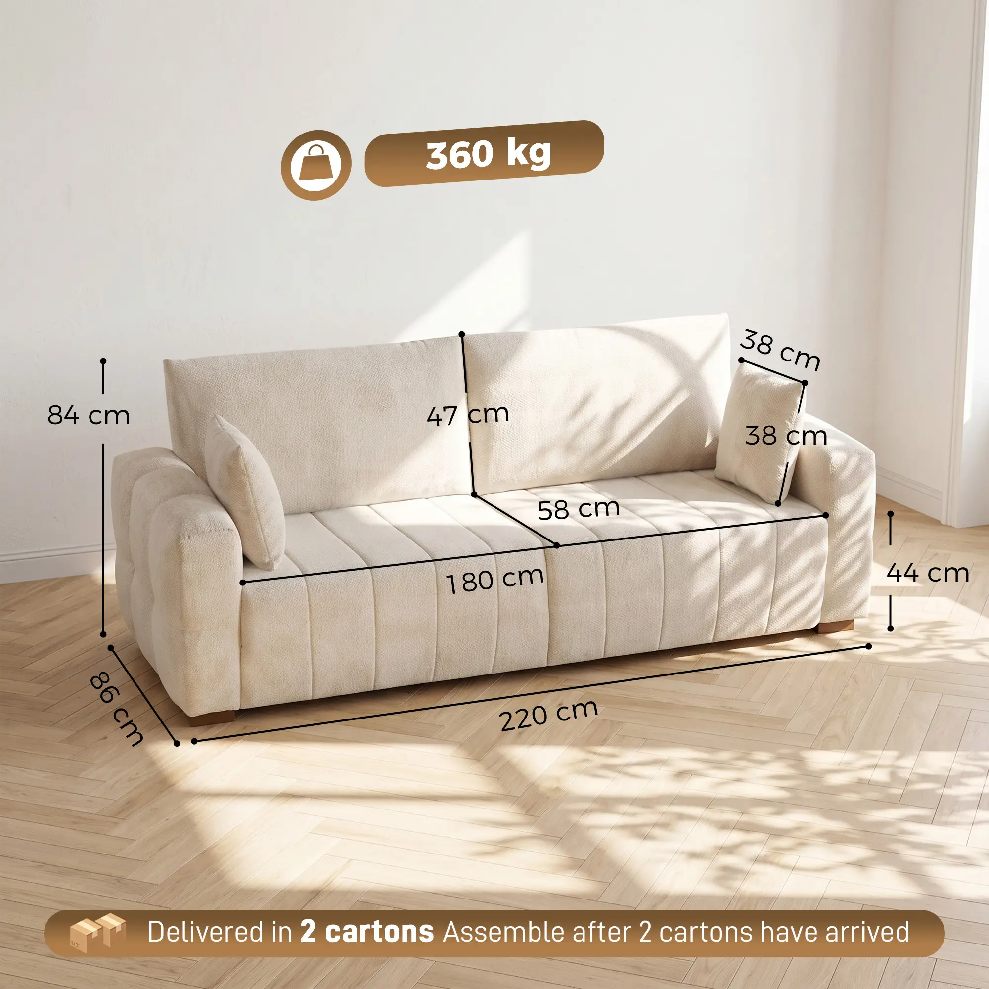 3 Seater Velvet Sofa 220 x 86 x 84cm - Cream White - 3