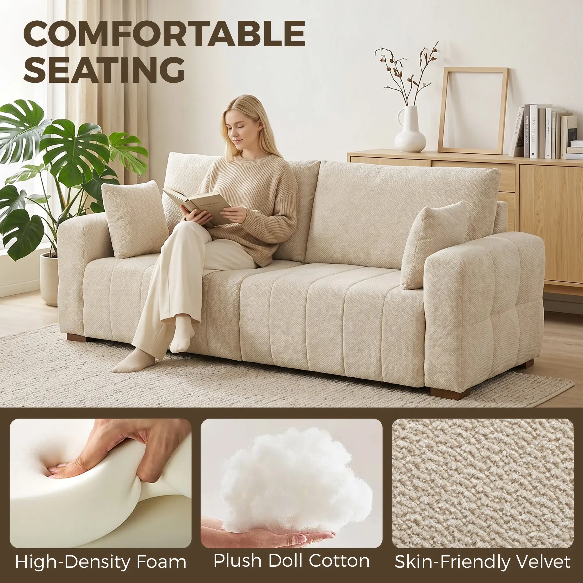 3 Seater Velvet Sofa 220 x 86 x 84cm - Cream White - 5