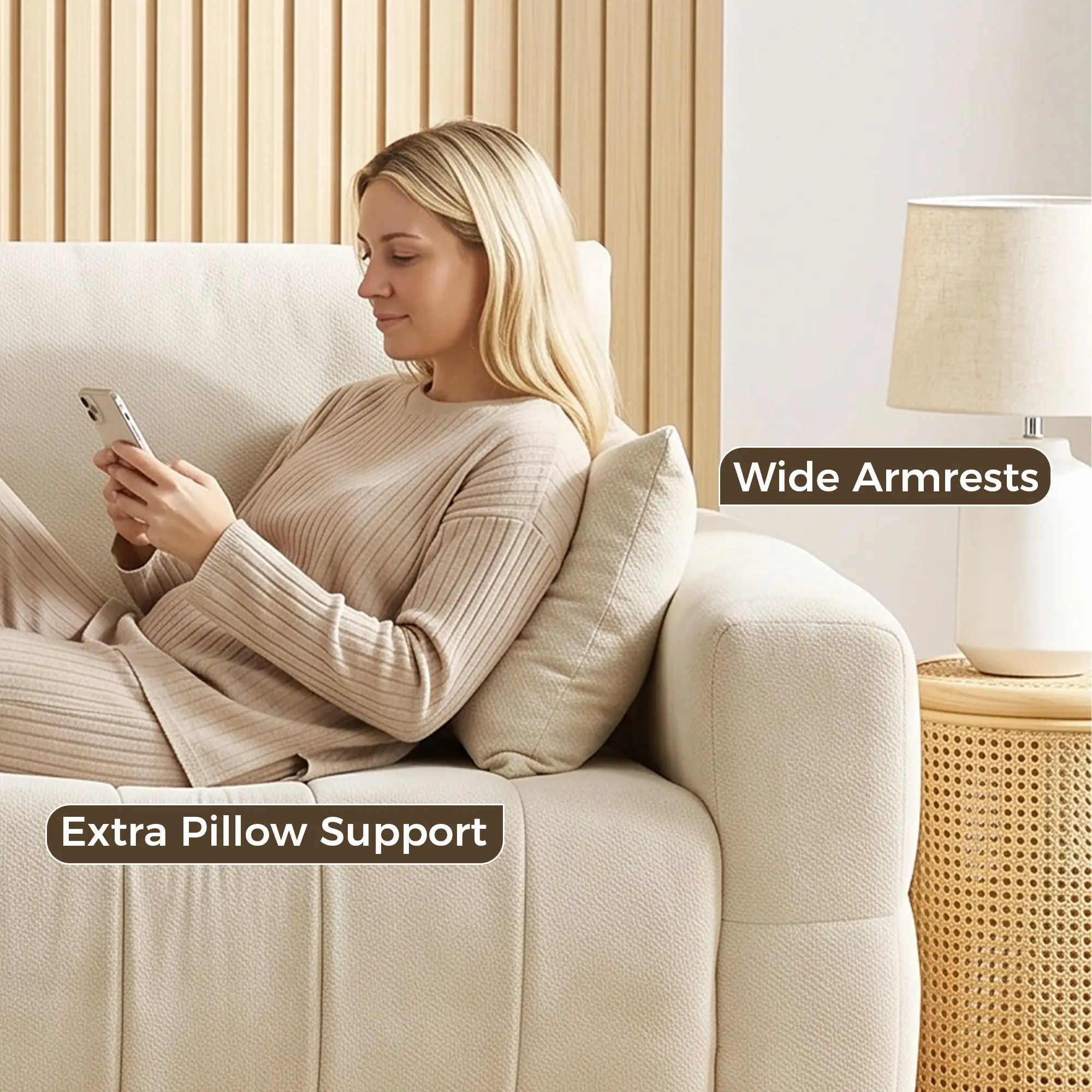 3 Seater Velvet Sofa 220 x 86 x 84cm - Cream White - 6