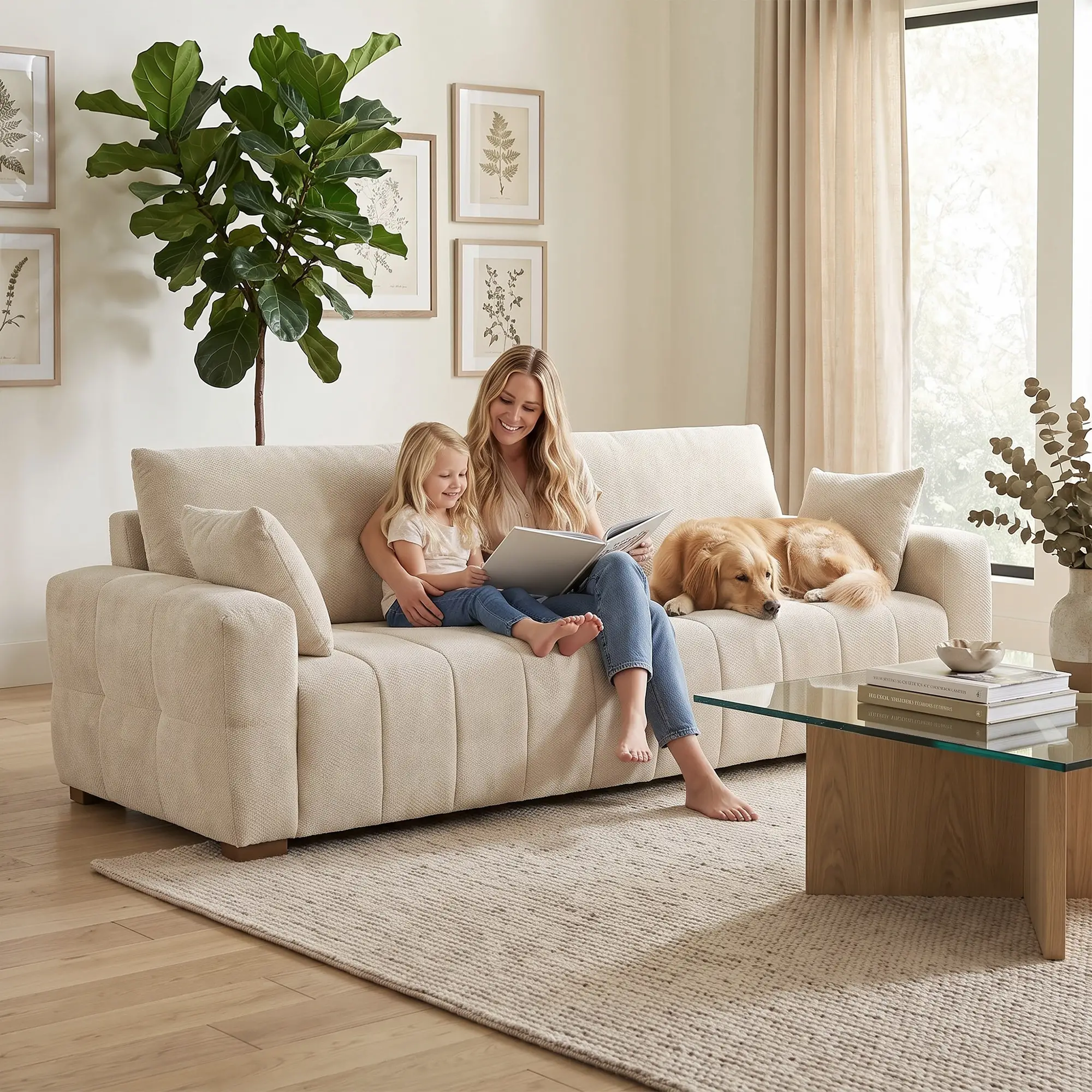 3 Seater Velvet Sofa 220 x 86 x 84cm - Cream White - 8