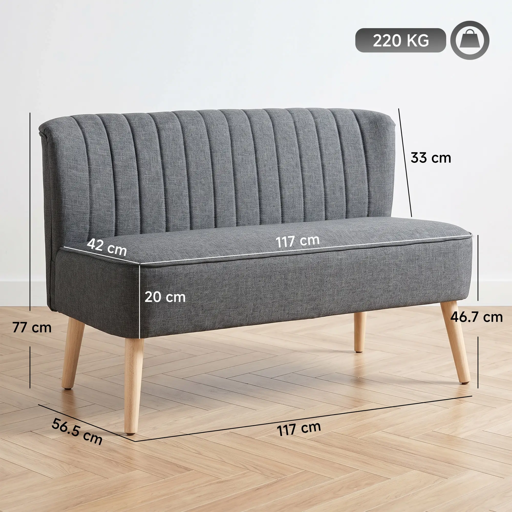 2 Seater Linen Sofa 117 x 56.5 x 77cm, Dark Grey - Dark Grey - 3