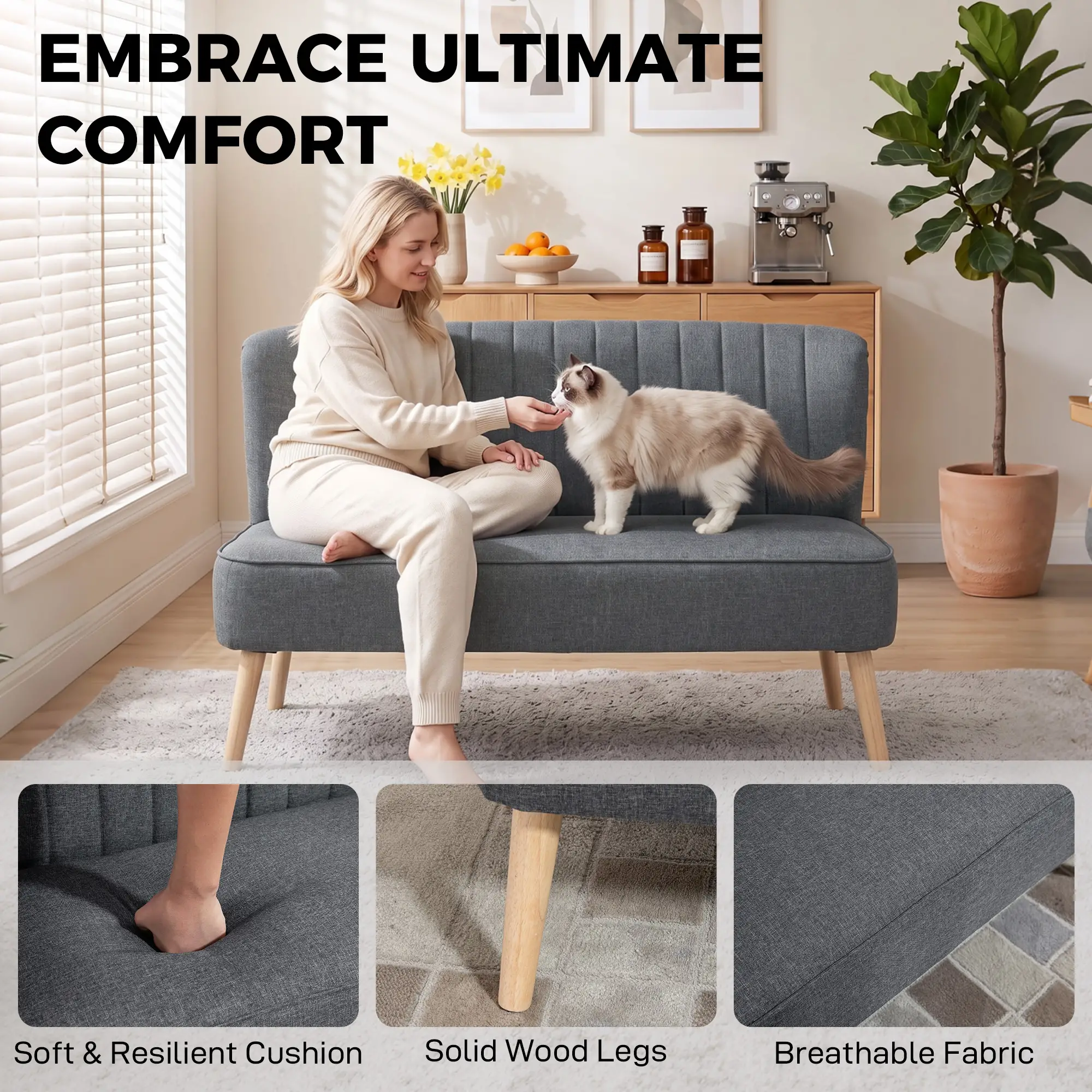 2 Seater Linen Sofa 117 x 56.5 x 77cm, Dark Grey - Dark Grey - 5