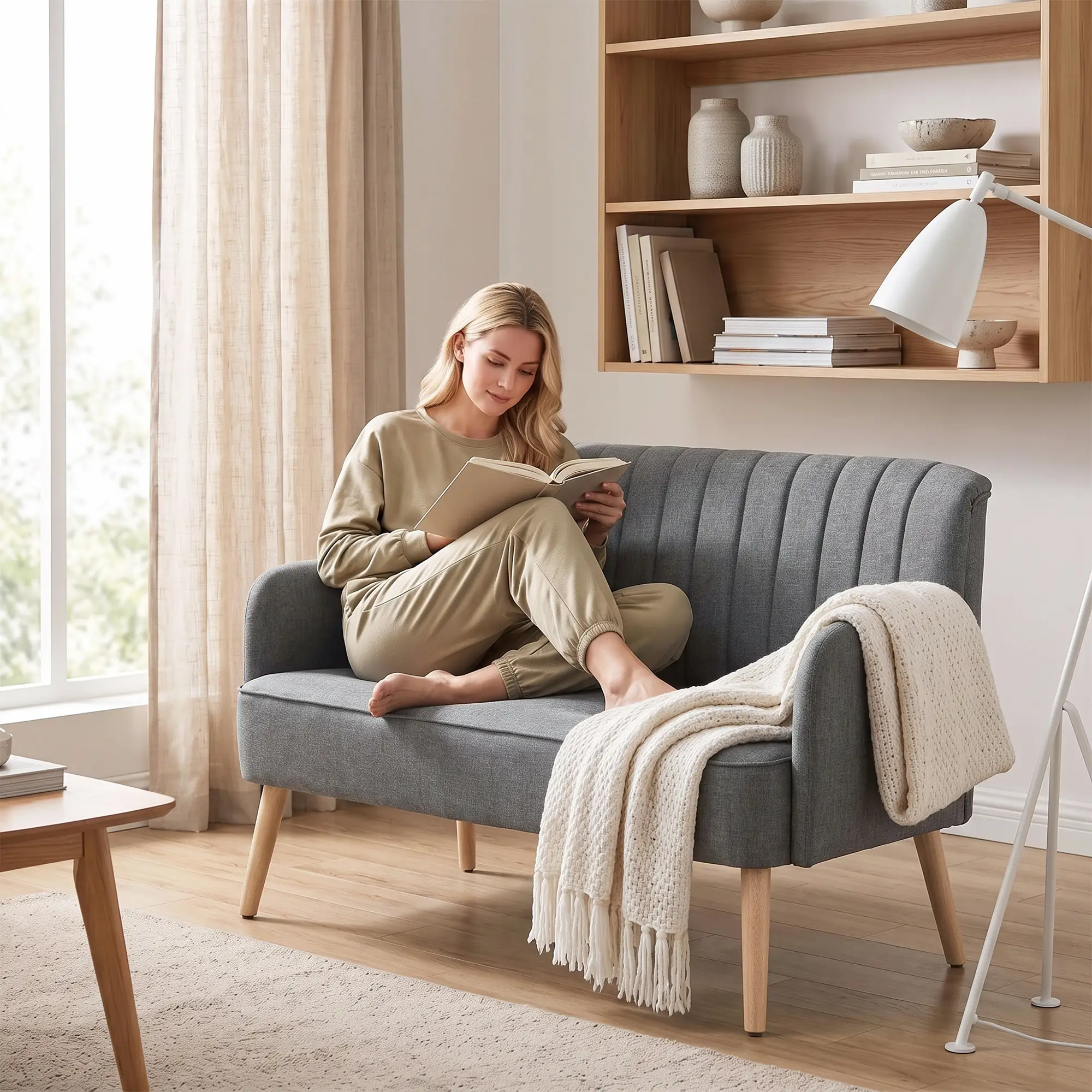 2 Seater Linen Sofa 117 x 56.5 x 77cm, Dark Grey - Dark Grey - 9
