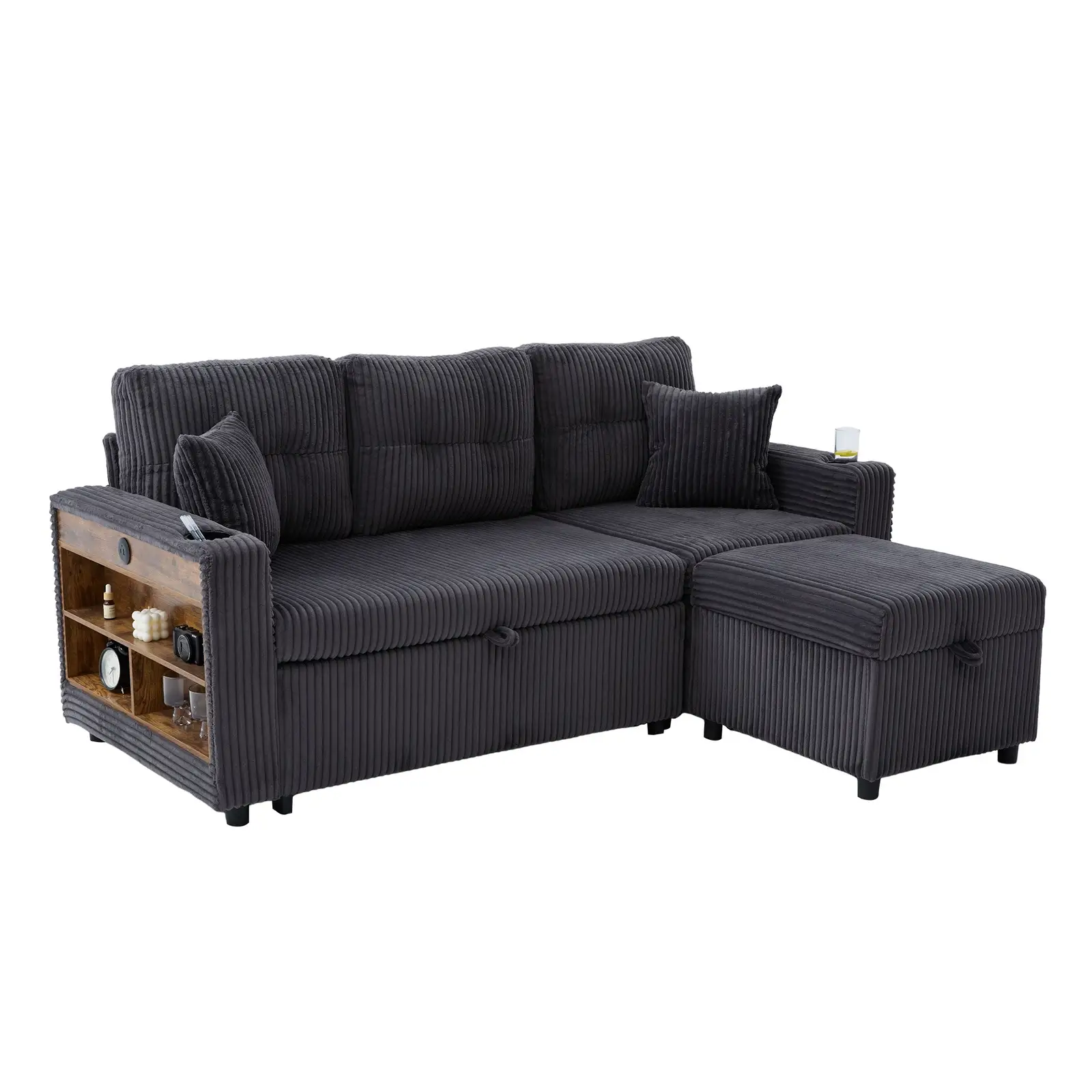 Corduroy Sofa Bed 196 x 82 x 85cm, Dark Grey - Dark Grey - 2