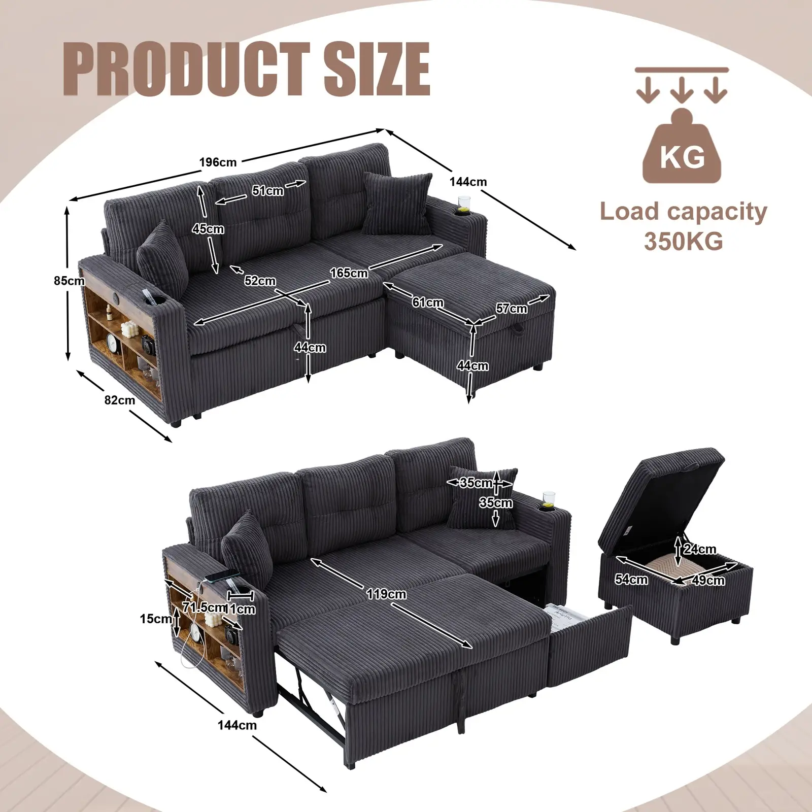 Corduroy Sofa Bed 196 x 82 x 85cm, Dark Grey - Dark Grey - 3