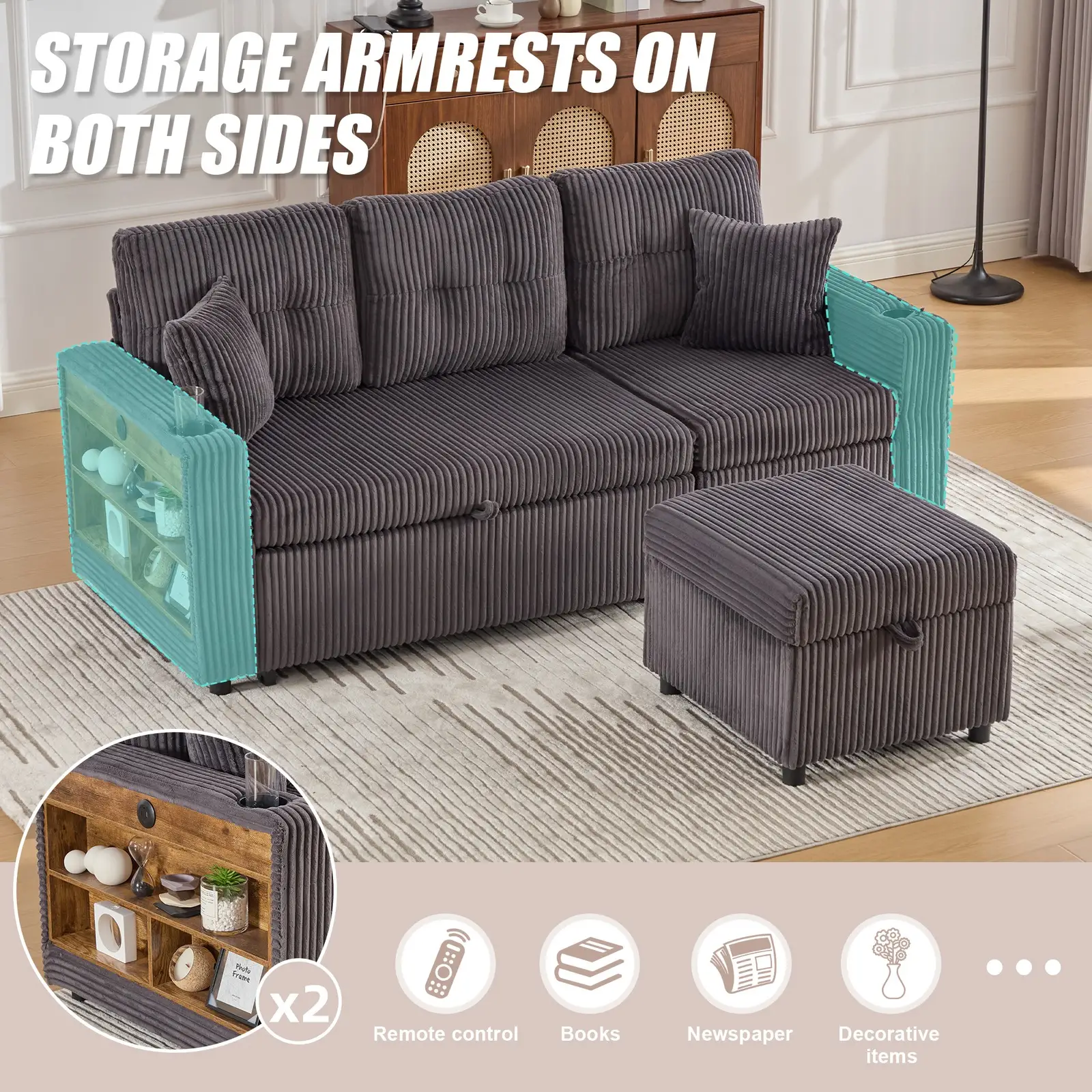 Corduroy Sofa Bed 196 x 82 x 85cm, Dark Grey - Dark Grey - 4
