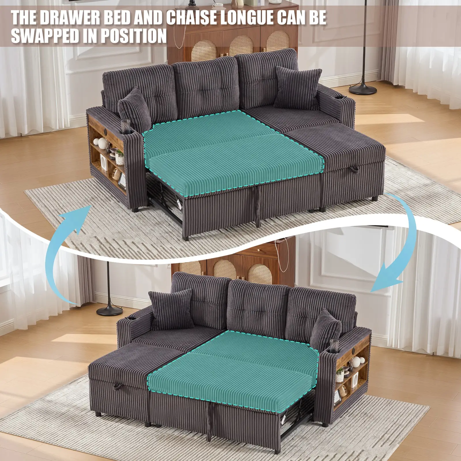 Corduroy Sofa Bed 196 x 82 x 85cm, Dark Grey - Dark Grey - 5