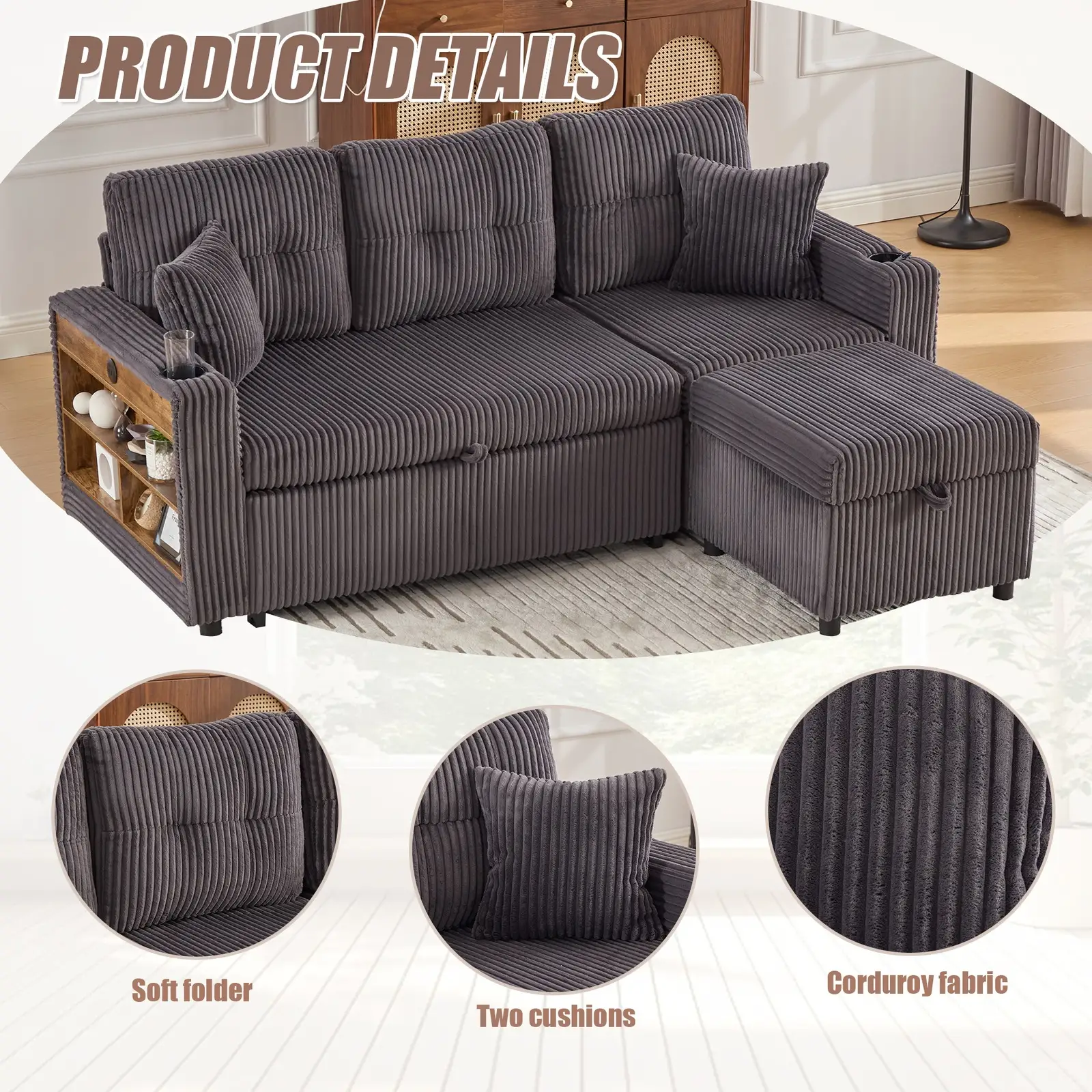 Corduroy Sofa Bed 196 x 82 x 85cm, Dark Grey - Dark Grey - 6