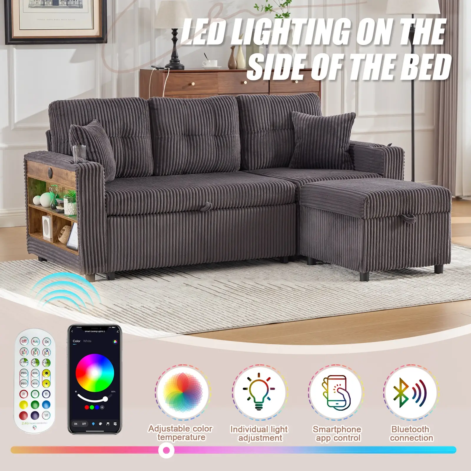 Corduroy Sofa Bed 196 x 82 x 85cm, Dark Grey - Dark Grey - 8