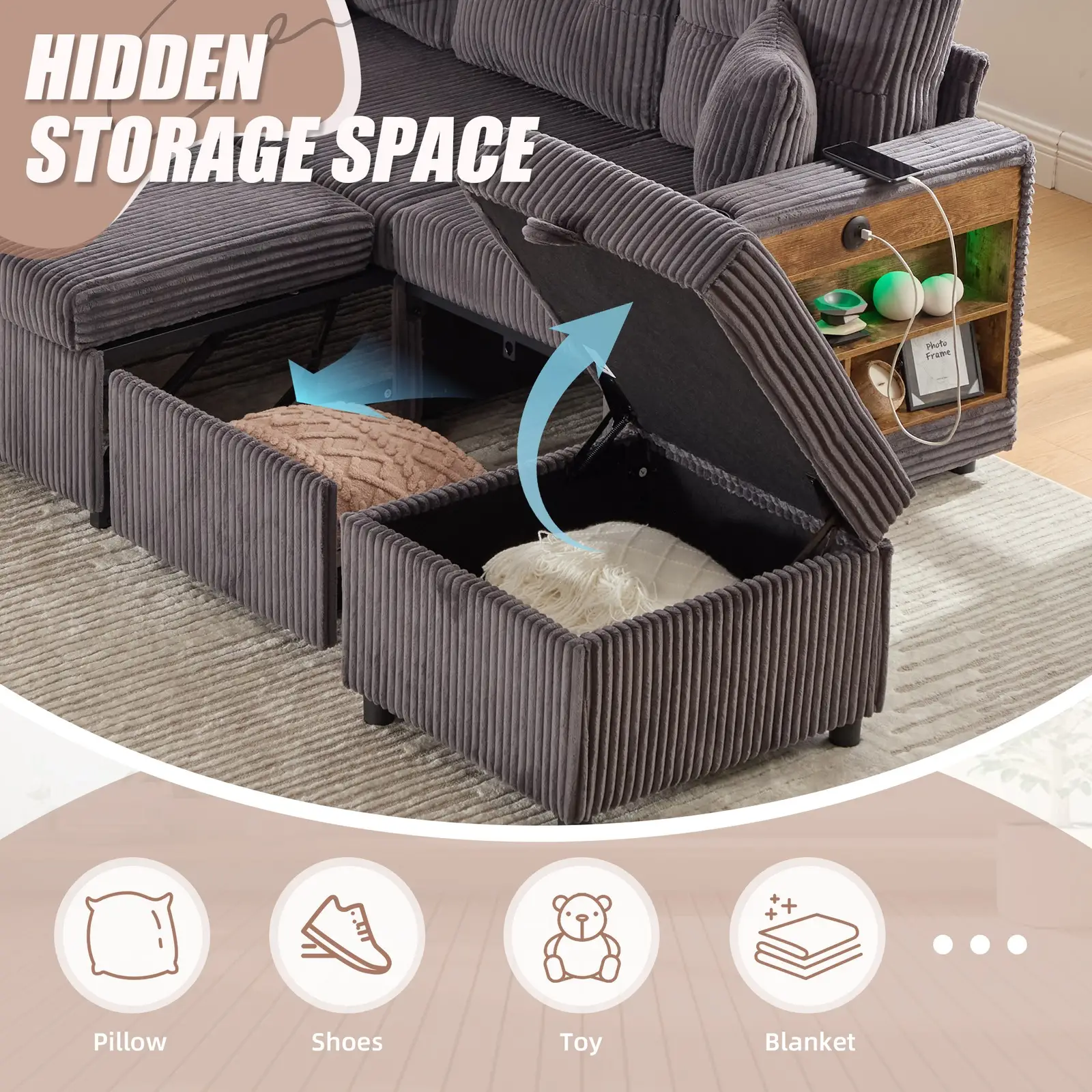Corduroy Sofa Bed 196 x 82 x 85cm, Dark Grey - Dark Grey - 9