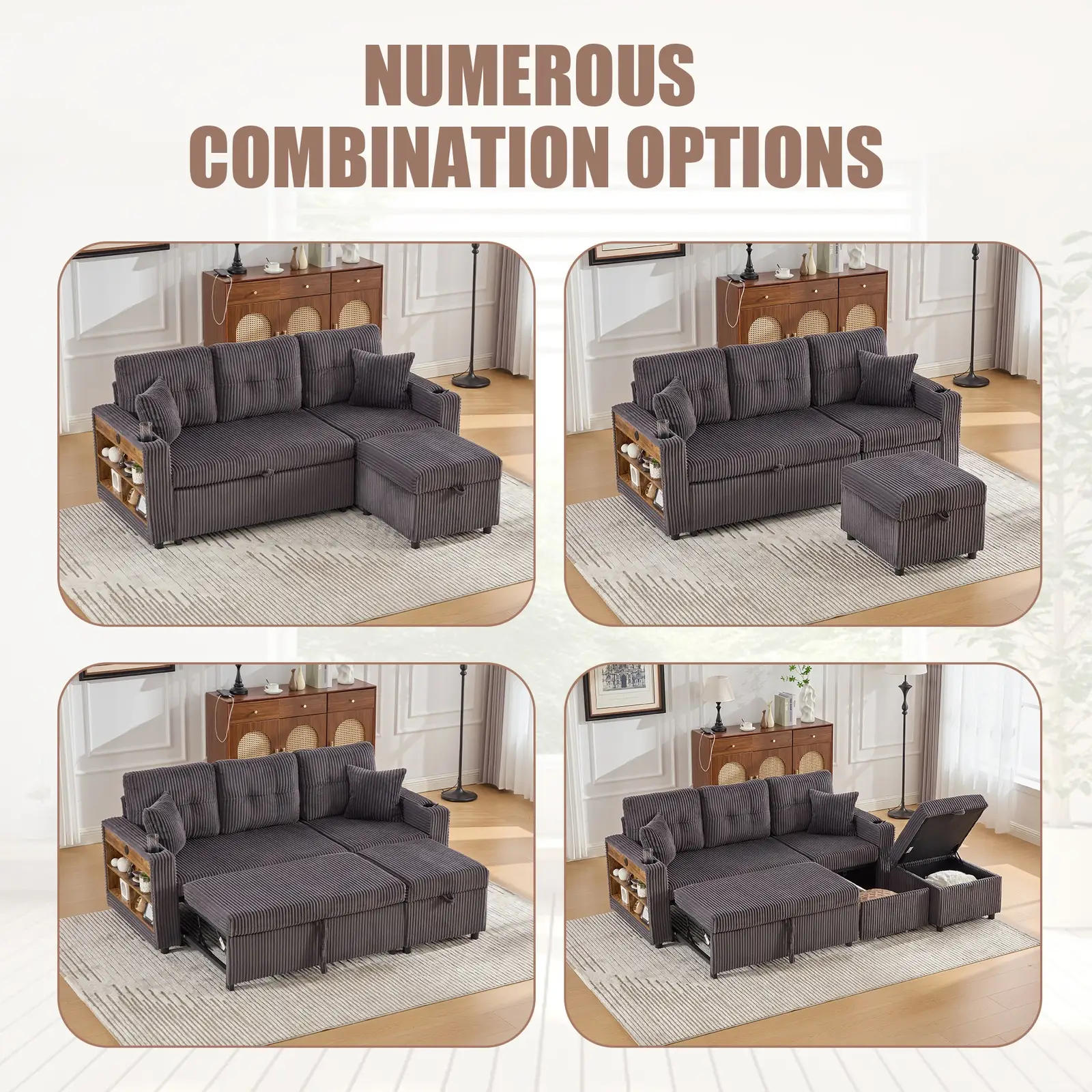 Corduroy Sofa Bed 196 x 82 x 85cm, Dark Grey - Dark Grey - 10