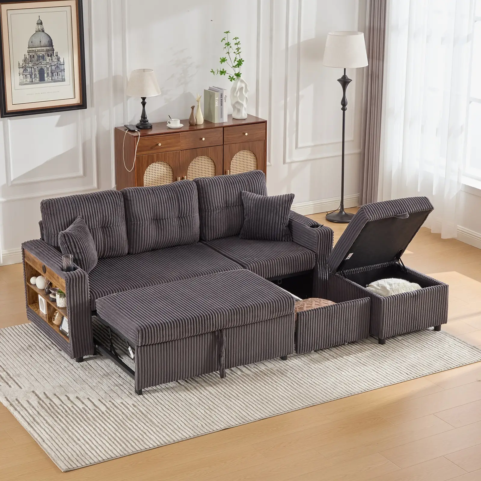 Corduroy Sofa Bed 196 x 82 x 85cm, Dark Grey - Dark Grey - 11