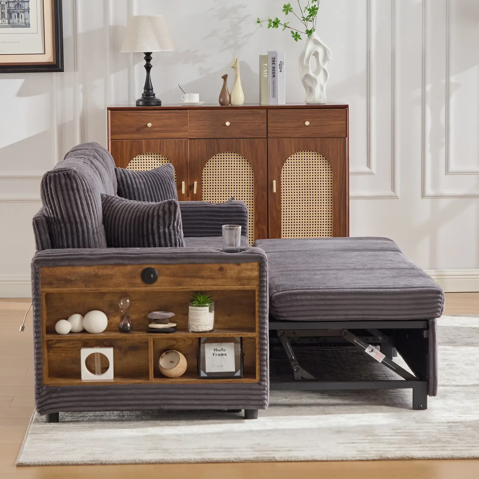 Corduroy Sofa Bed 196 x 82 x 85cm, Dark Grey - Dark Grey - 14