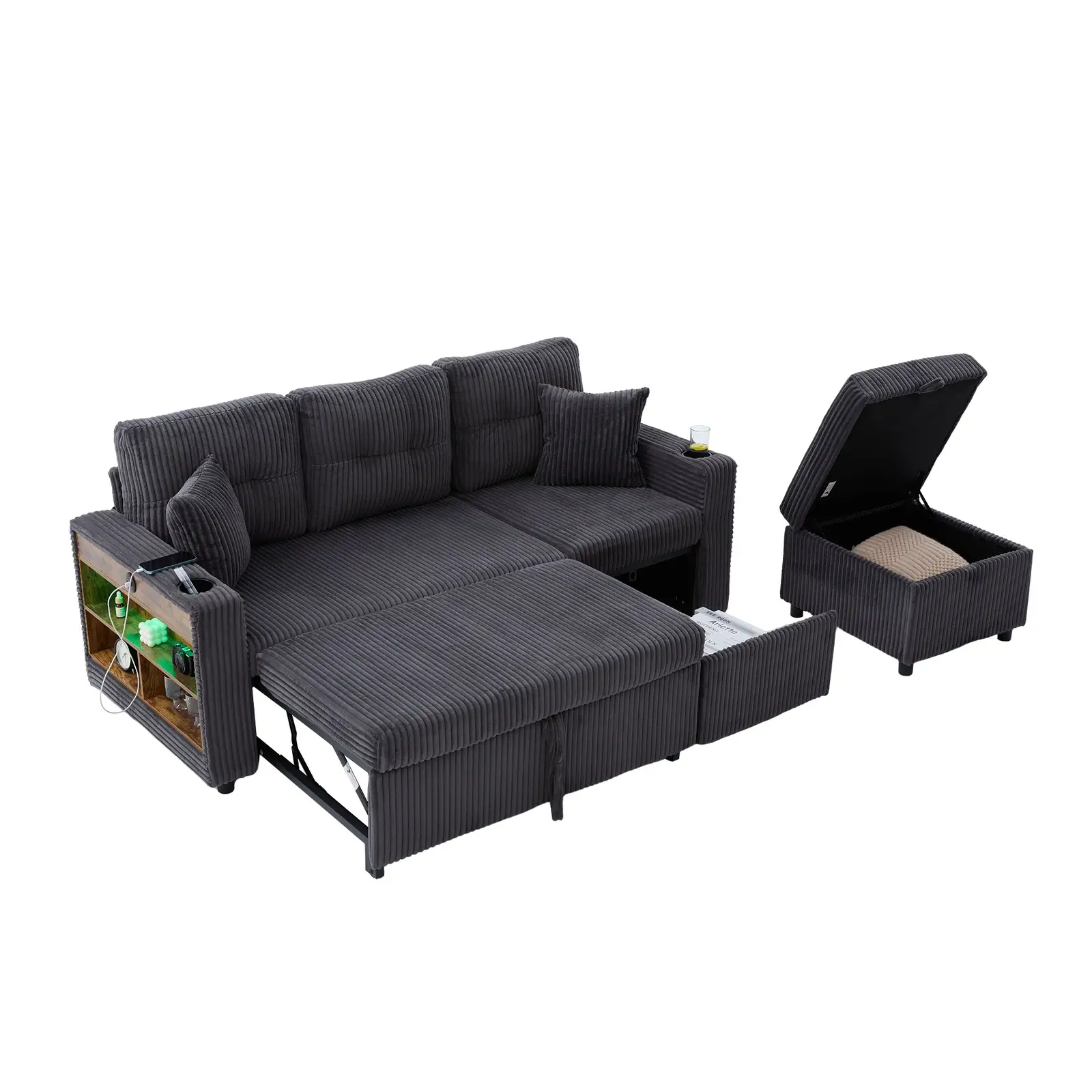 Corduroy Sofa Bed 196 x 82 x 85cm, Dark Grey - Dark Grey - 19