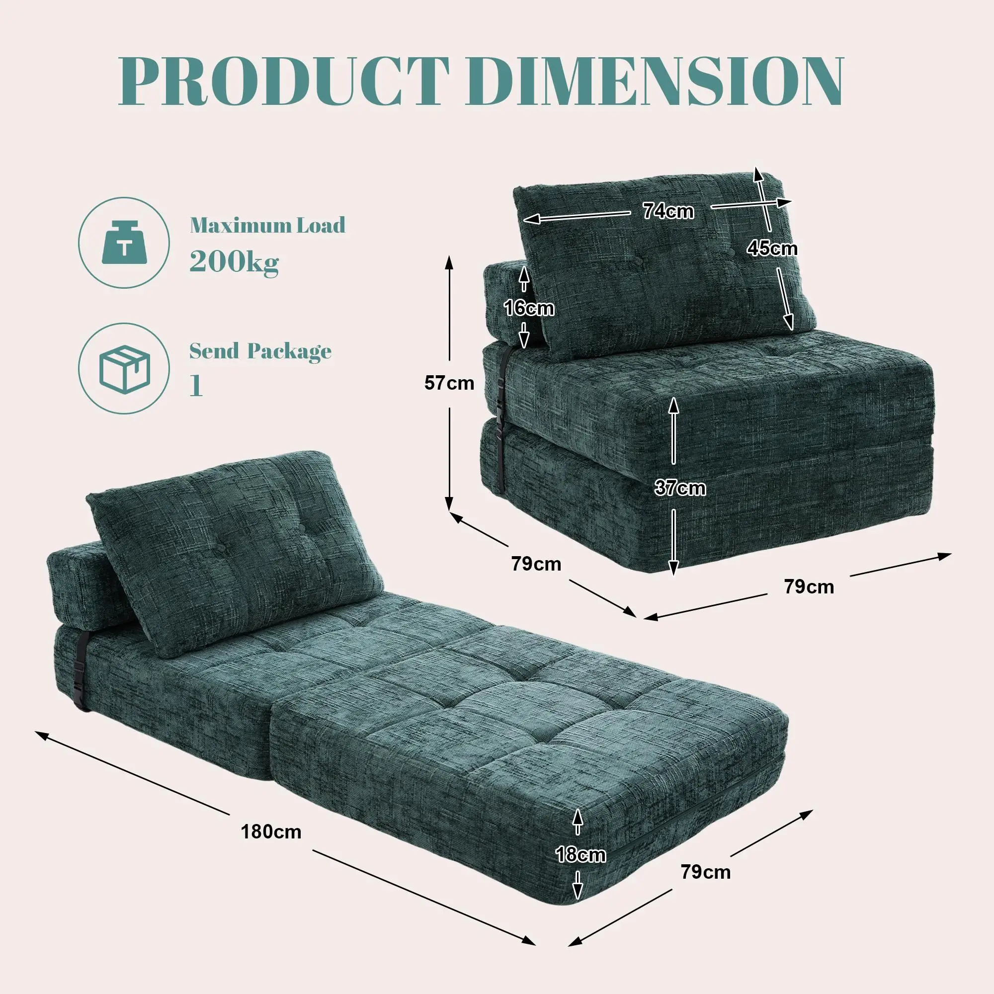 Chenille Sofa Bed 180 x 79 x 57cm - Emerald - 3