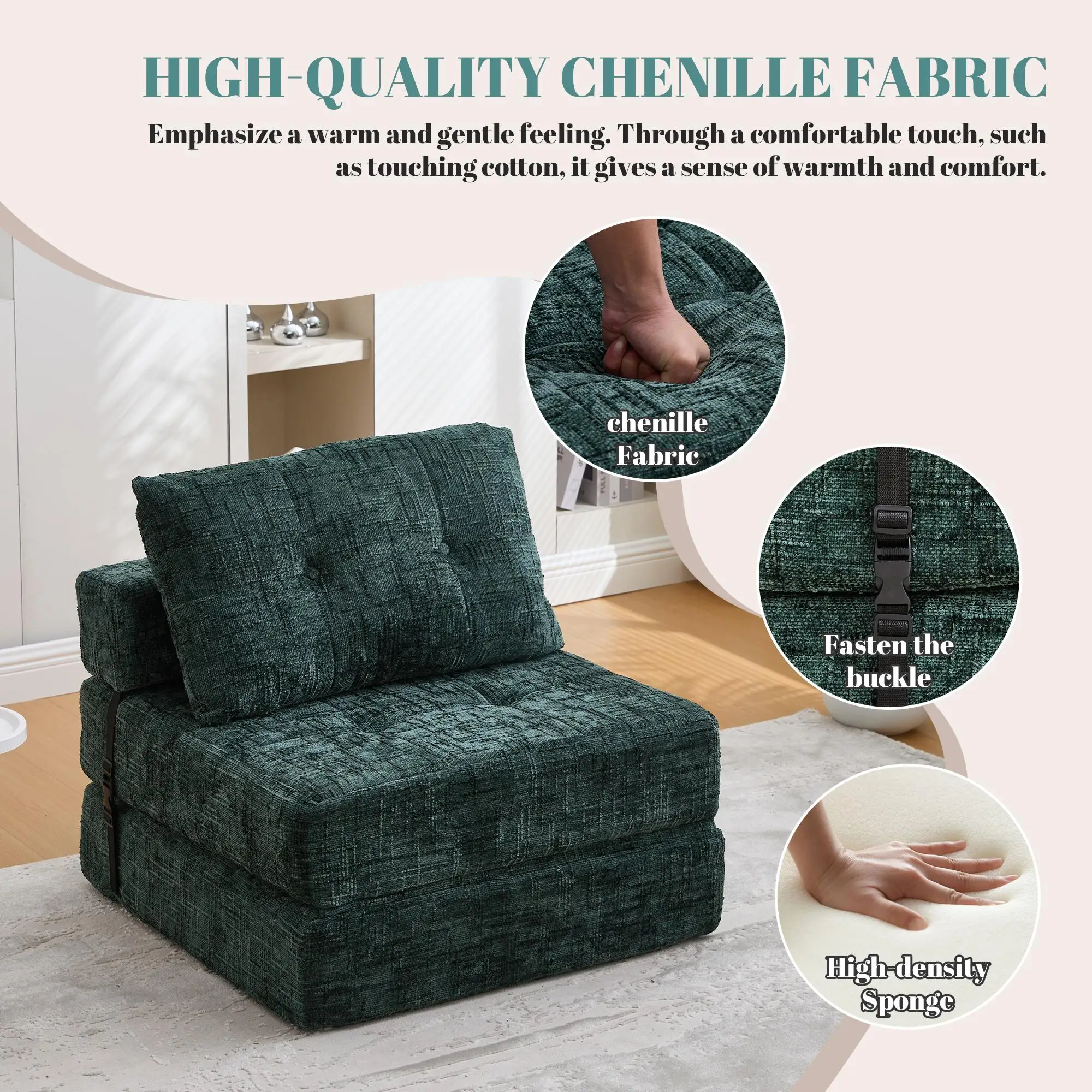 Chenille Sofa Bed 180 x 79 x 57cm - Emerald - 4